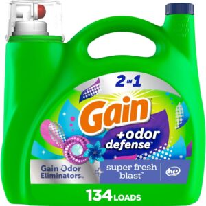 Gain Odor Defense Liquid Laundry Detergent, Super Fresh Blast Scent, 194 fl oz, 134 loads, 2 in 1, Laundry Detergent Liquid Soap, HE compatible