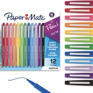 Paper Mate Flair Felt Tip Pens, Medium Point (0.7mm), 12 Count – For Arts & Crafts, Note-Taking, Journaling, School Supplies for Teachers & Students