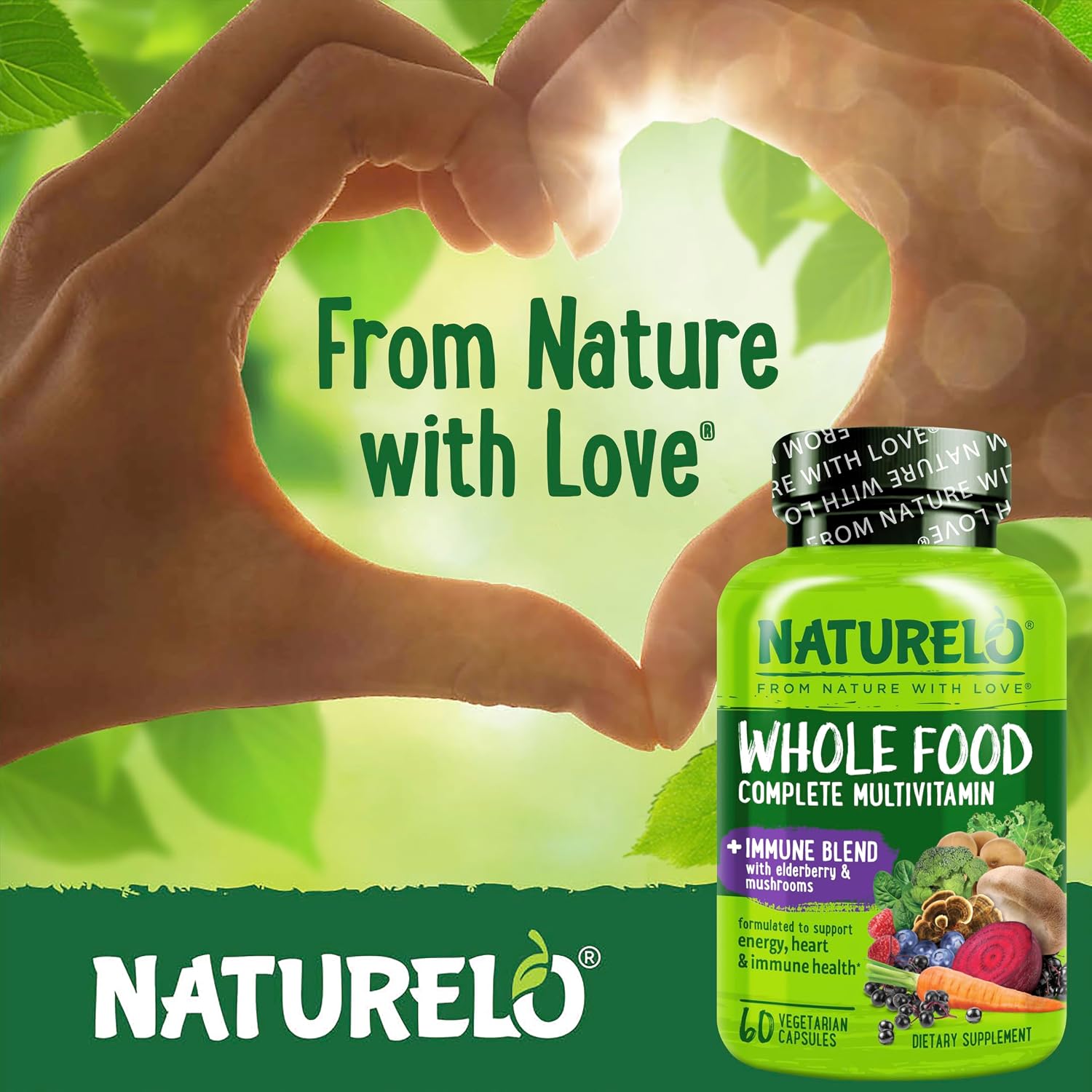 NATURELO Whole Food Multivitamin + Immune Blend with Elderberry & Mushrooms - Complete Multivitamin with Extra Immune Support - C, D3, Zinc, Elderberry, Reishi, Shitake - 60 Vegan Capsules - Image 7