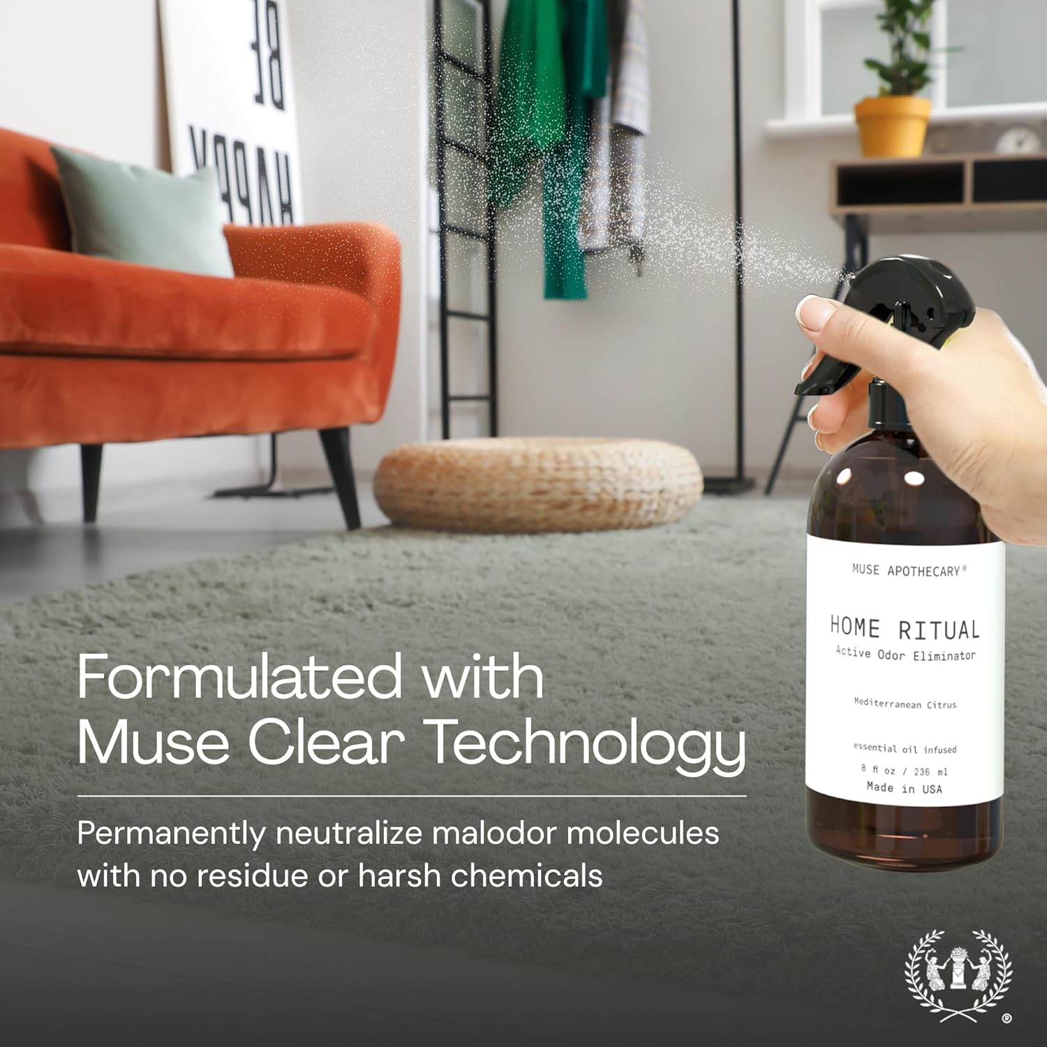 Muse Apothecary Home Ritual Active Odor Eliminator Spray - Furniture Deodorizer Spray & Bathroom Odor Eliminator for Home - Essential Oil Air Freshener - 4oz, Fresh Linen - Image 3