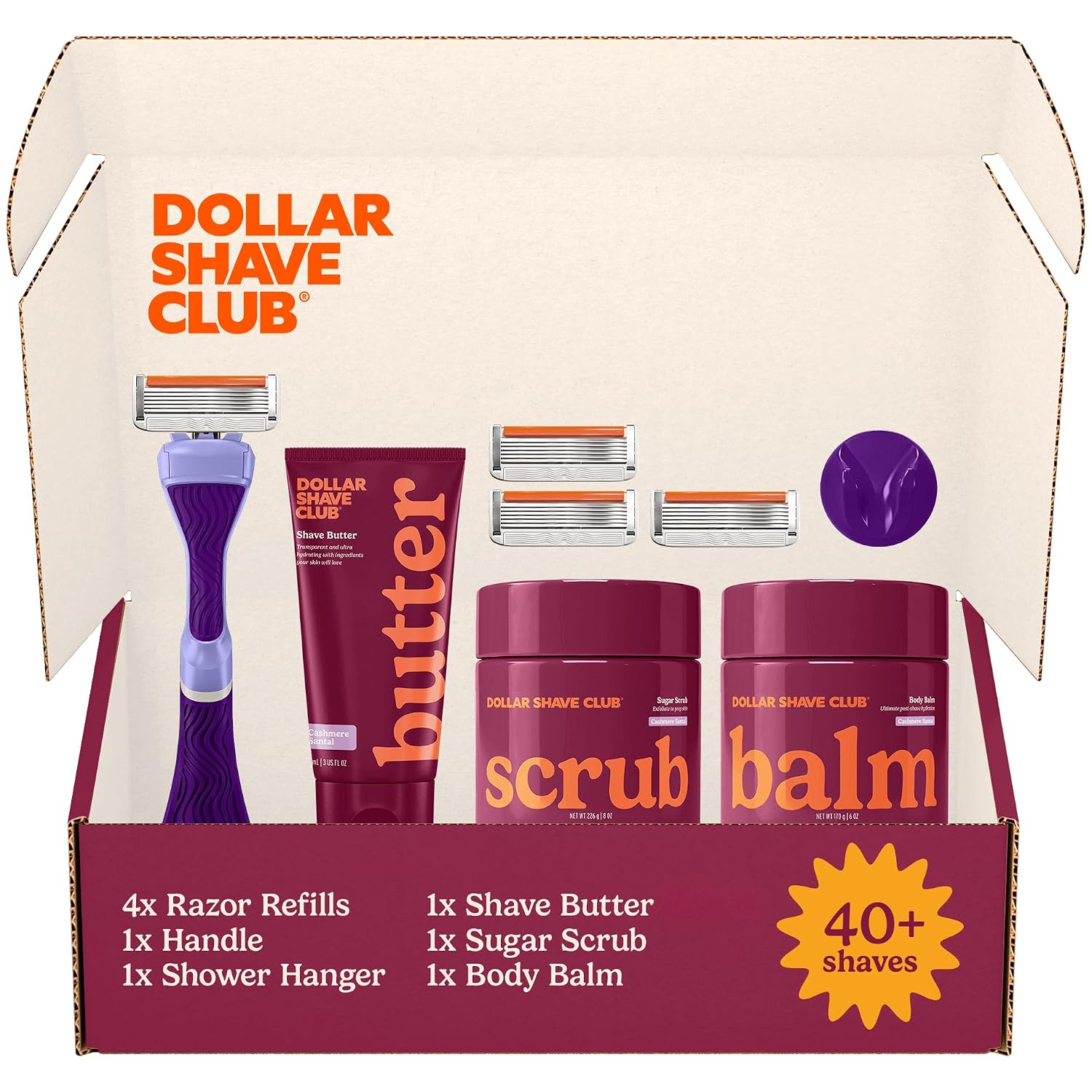 Dollar Shave Club For Women | 1 Purple Wavy Grip Handle, 4 Razor Refills, 1 Cashmere Santal Shave Butter, 1 Sugar Scrub, 1 Body Balm, 1 Shower Hanger | Razors for Women, Womens Razors for Shaving - Image 2