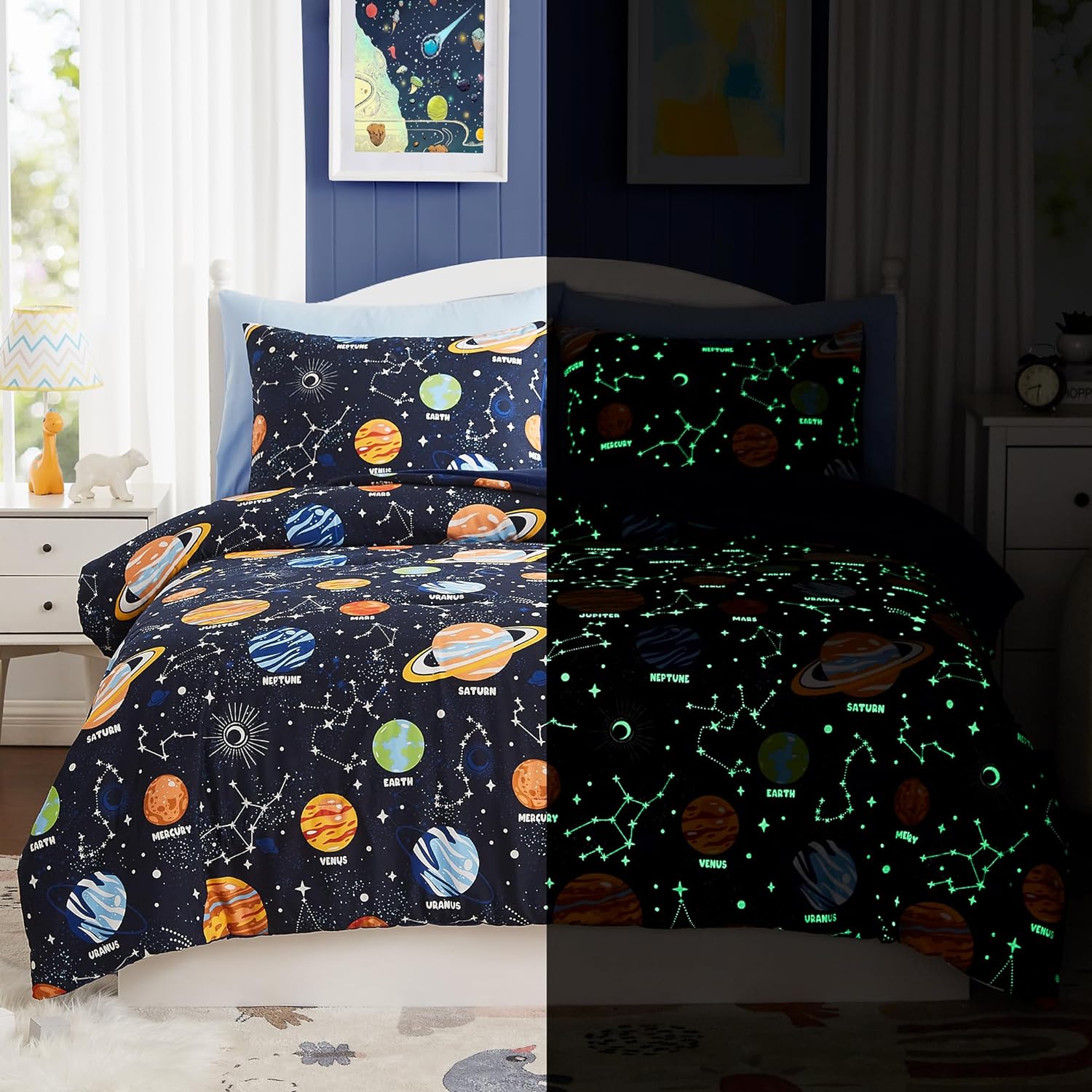 Twin Kids Comforter Set - 5 Pieces Twin Bedding Sets for Boys, Glow in The Dark Space Bed in A Bag with Sheets - Image 2