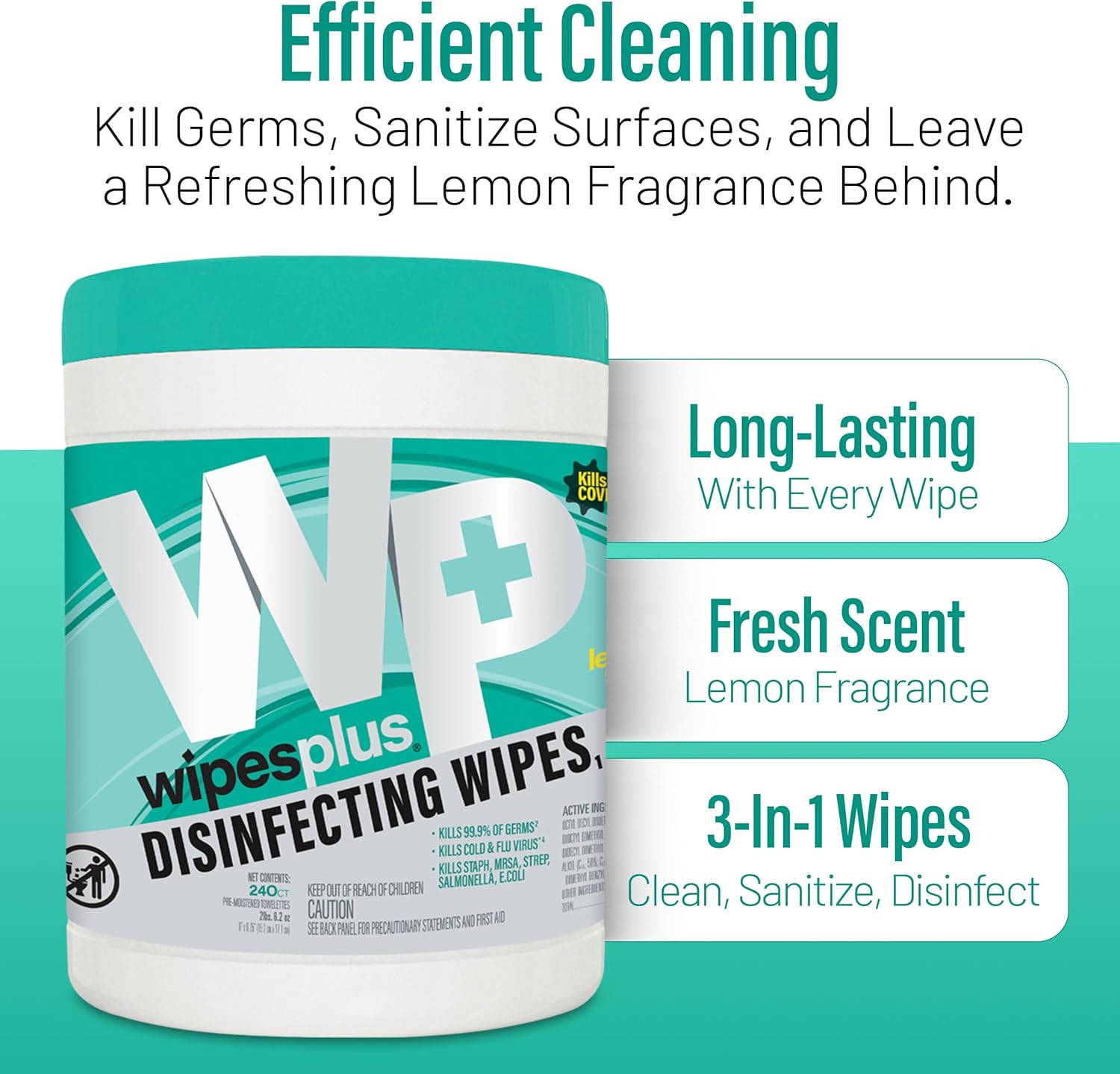 WIPESPLUS Disinfecting Surface Wipes Canister Bleach Free with Lemon Scent for Home and Business, 240 Count - Image 5
