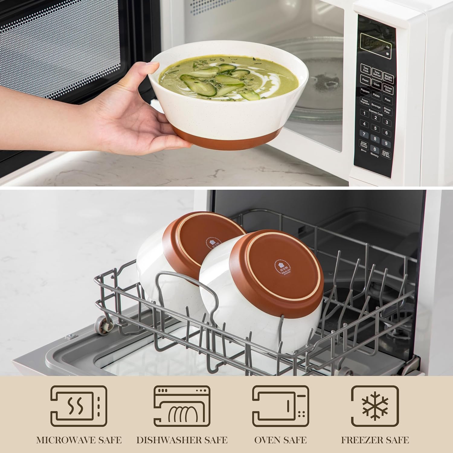MALACASA Soup Bowls, Ceramic Salad Bowls Set of 4, 36oz Ceramic Bowls for Ramen, Cereal, Fruit and Pho, Microwave & Dishwasher Safe, Speckled Deep Bowls, Vanilla White & Brown - Image 4
