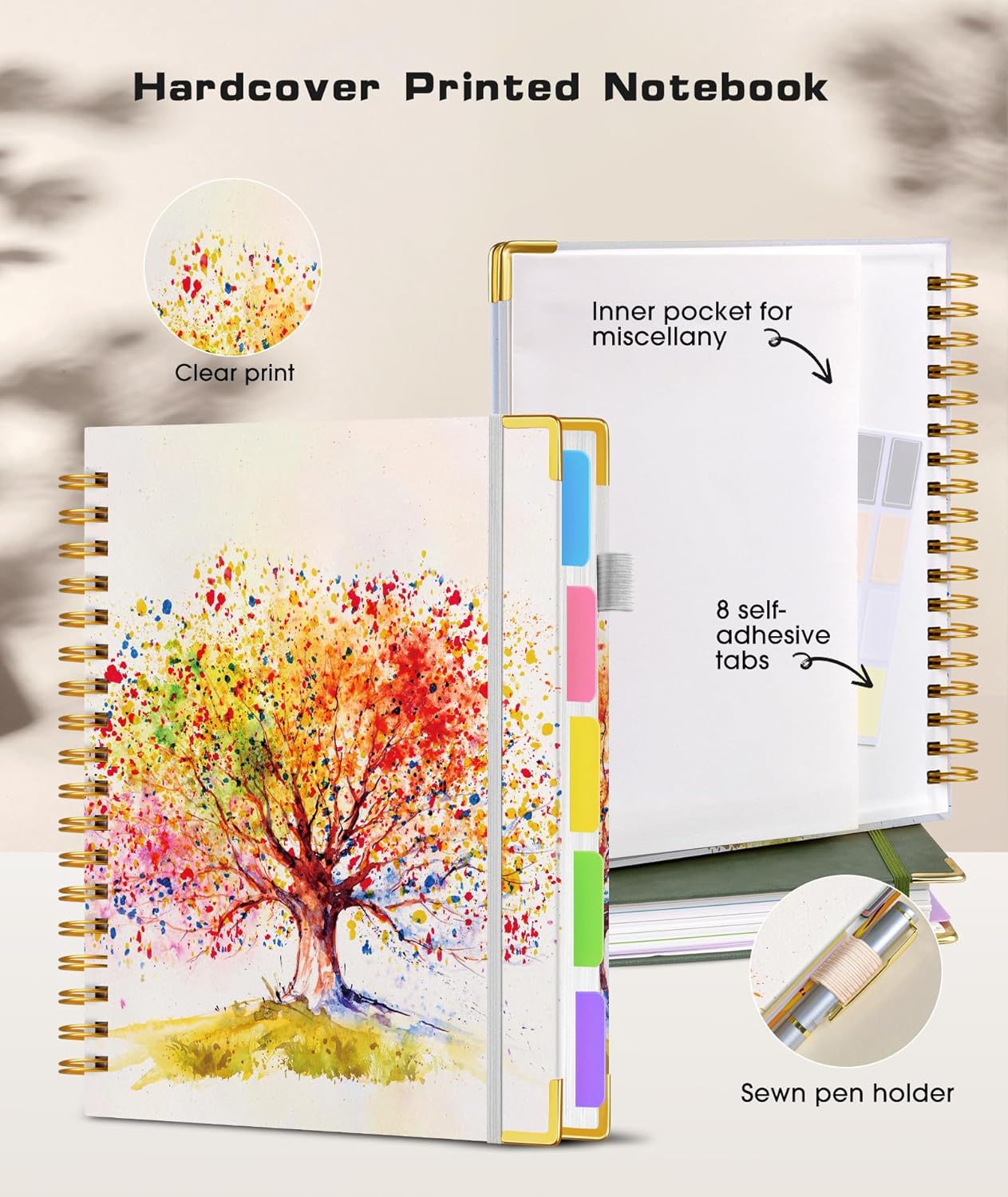 Hardcover Spiral Notebook Journal with Removable Dividers Tabs, 300 Pages 5 Subject Notebook College Ruled, 100GMS Notebooks for Work School Note Taking,Lined Journal for Women,Colorful Tree of Life - Image 3