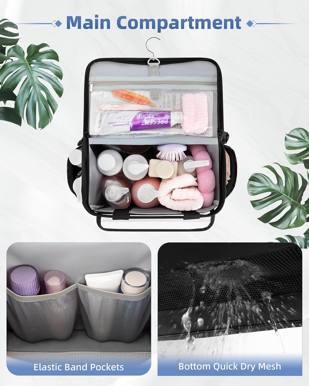 Marscamd Hanging Shower Caddy Organizer Bag for Travel with Hanging Hook, Quick Dry Mesh Bathroom Caddy Toiletry Bag with Handle for College, Dorm, Gym, Camping, Black - Image 3