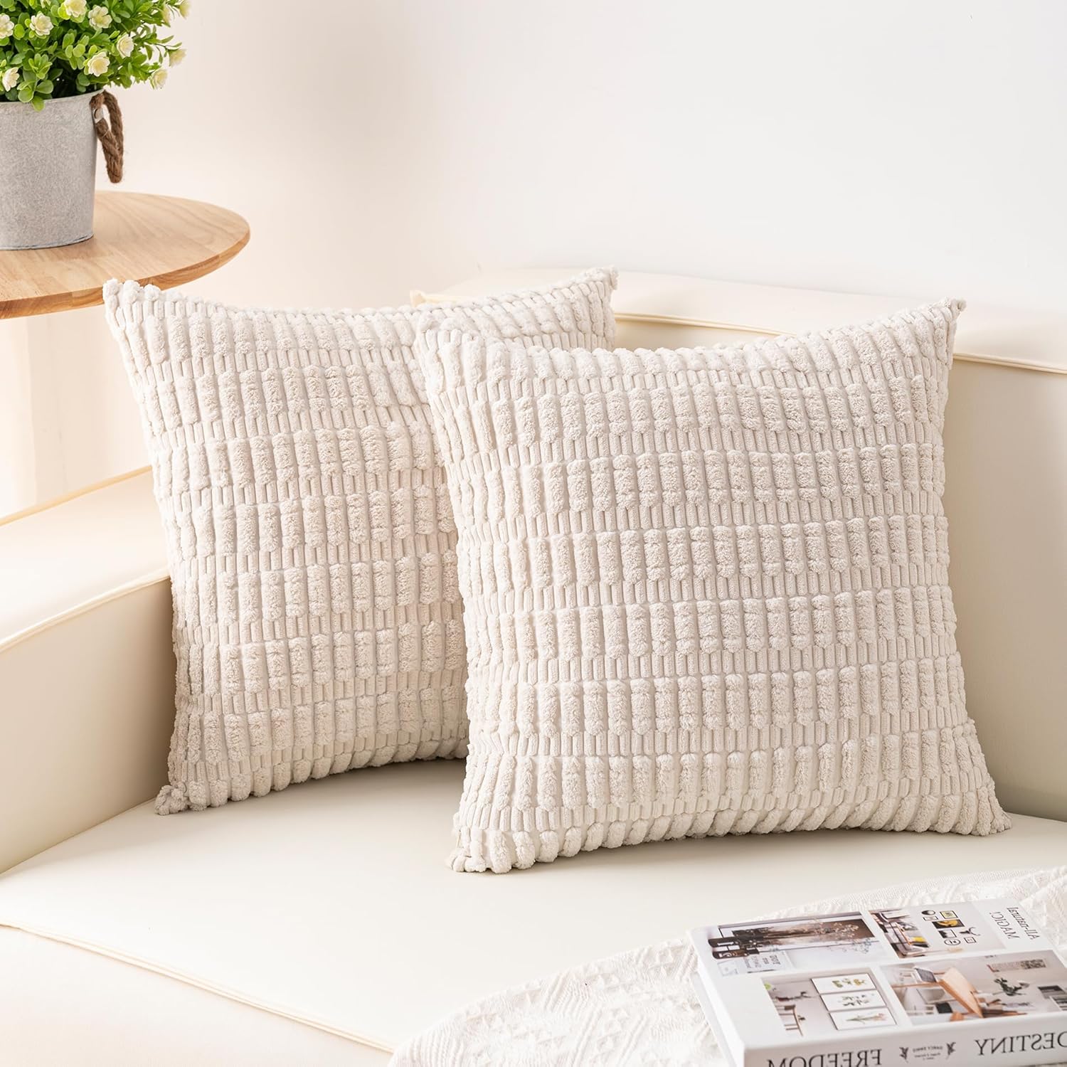 Aegero Pack of 2 Corduroy Decorative Throw Pillow Covers 18x18 Inch Soft Striped Pillow Covers Modern Farmhouse Home Decor for Sofa Living Room Couch Bed(Cream White) - Image 2