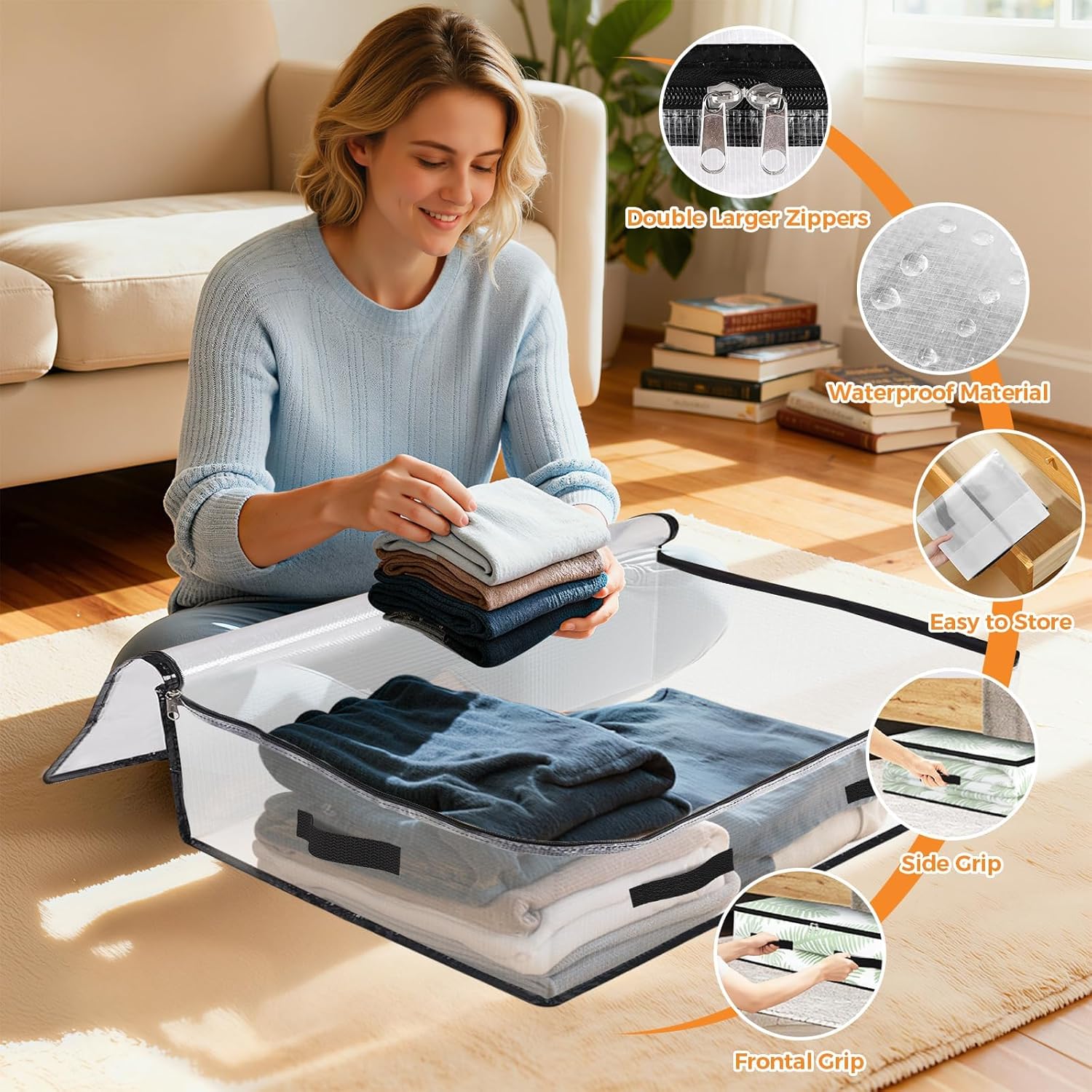 6 Pack Under Bed Storage Bags, 60L Foldable Clear Storage Containers with Handles, Dual Zippers for Comforter, Clothes, Bedding, Linen Sheets, Sweaters, Blanket Storage - Image 4