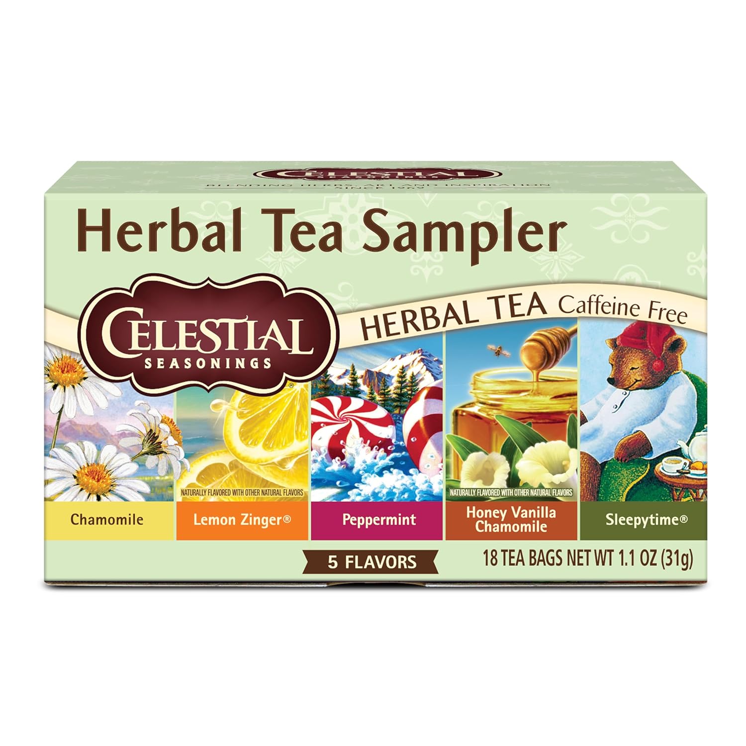 Celestial Seasonings Herbal Tea Sampler Variety Pack, Caffeine Free, 18 Tea Bags Box Celestial Seasonings Herbal Tea Sampler Variety Pack, Caffeine Free, 18 Tea Bags Box
