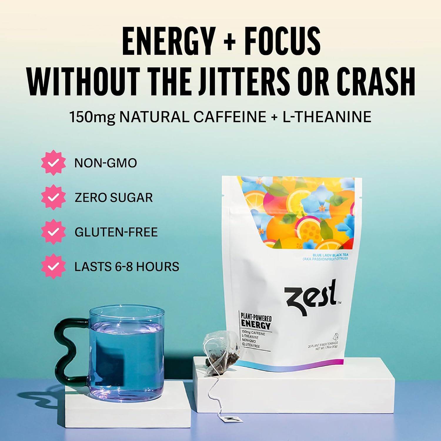 Zest Energy Tea Bags – Blue Lady Passion Fruit Black Tea – High Caffeine Tea for Morning Energy, Focus & Clarity – Natural Caffeinated Tea with 150mg Caffeine – 20Ct Pack – Non-GMO & Keto Friendly - Image 4