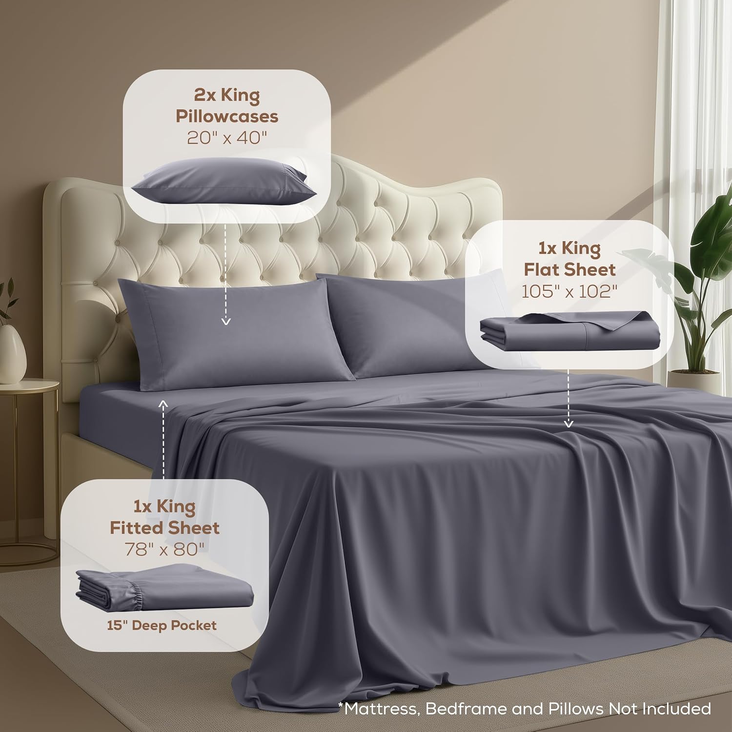 Utopia Bedding King Size Sheet Set – 4 Piece Bed Sheets, Soft and Breathable Microfiber, Includes 1 Fitted Sheet, 1 Flat Sheet and 2 Pillowcases – Oeko Tex (Grey) - Image 3