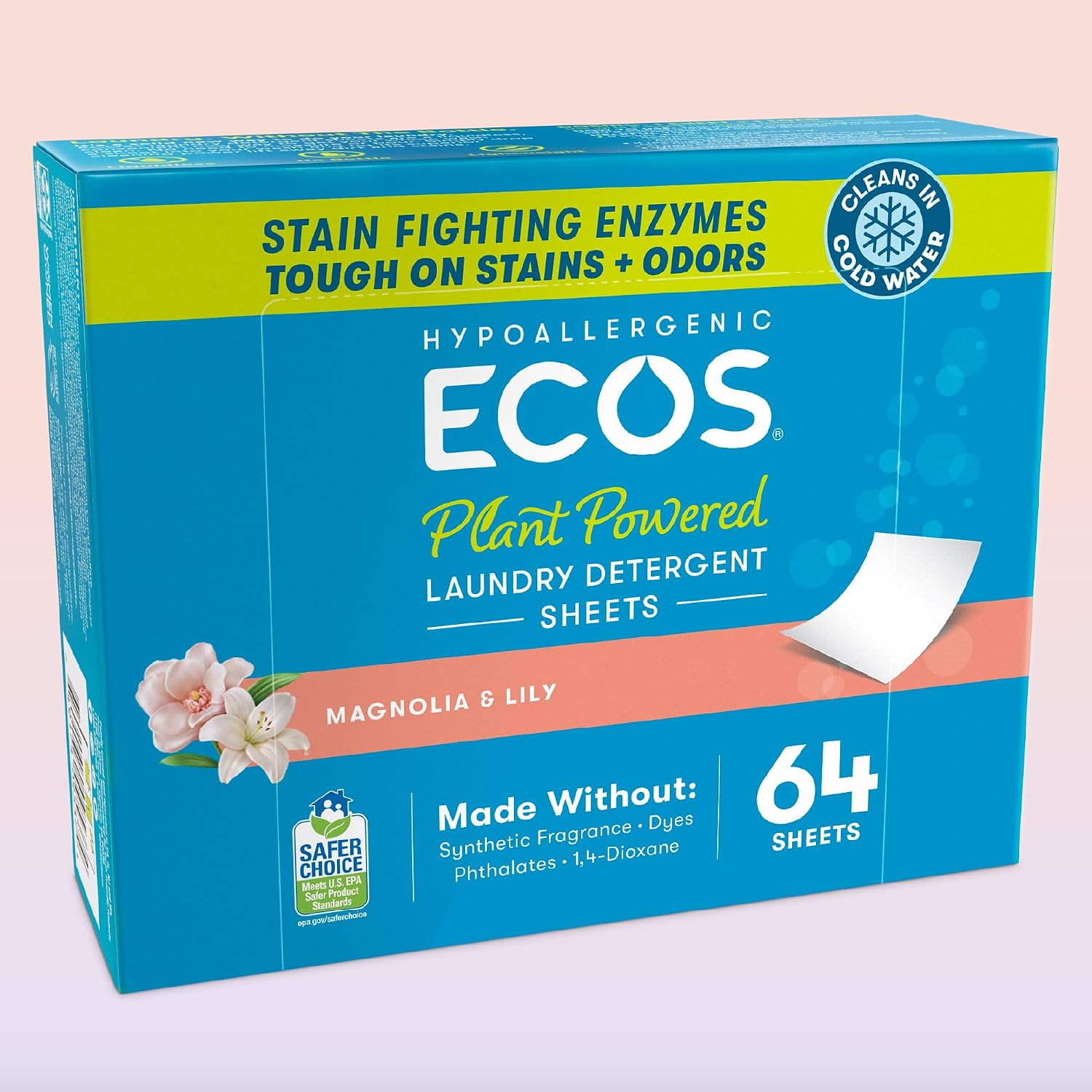 ECOS Laundry Detergent Sheets Vegan, No Plastic Jug, No Mess, Liquid Free - Hypoallergenic, Plant Powered Laundry Detergent Sheet - Magnolia & Lily - 64 Count (Pack of 1) - Image 3