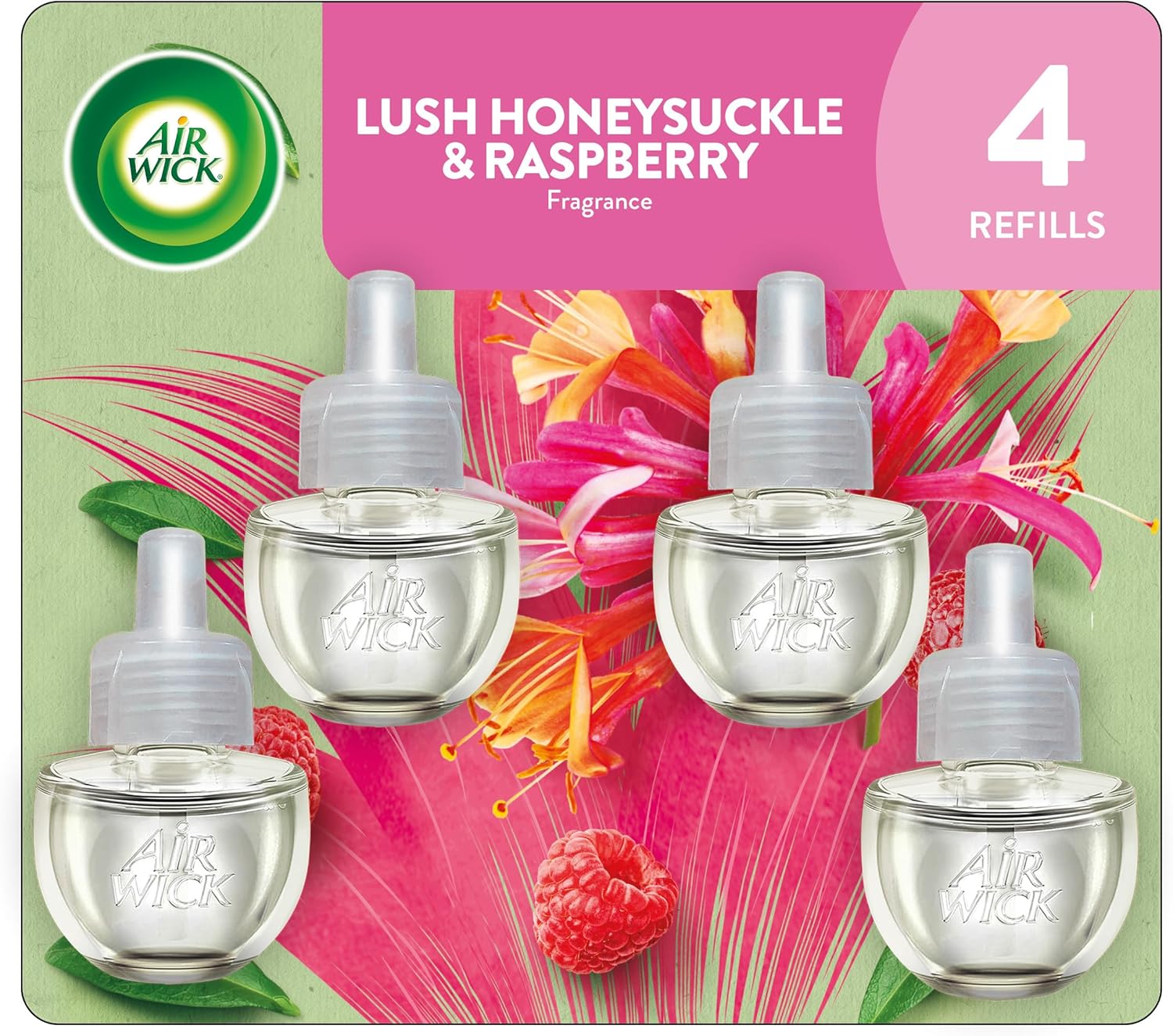 Air Wick Plug-In Scented Oil Refills, 3 Count, Lush Honeysuckle and Raspberry, Air Freshener, Essential Oils, Eco Friendly