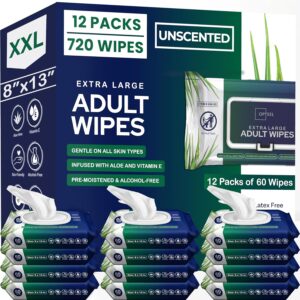 OPTEEL Adult Wipes For Elderly – 8″x13″ Extra Large & Soft Wet Wipes for Adults Bathing – Incontinence Disposable Washcloths, Vitamin E & Aloe Infused for Men & Women 720ct (12 Packs of 60)