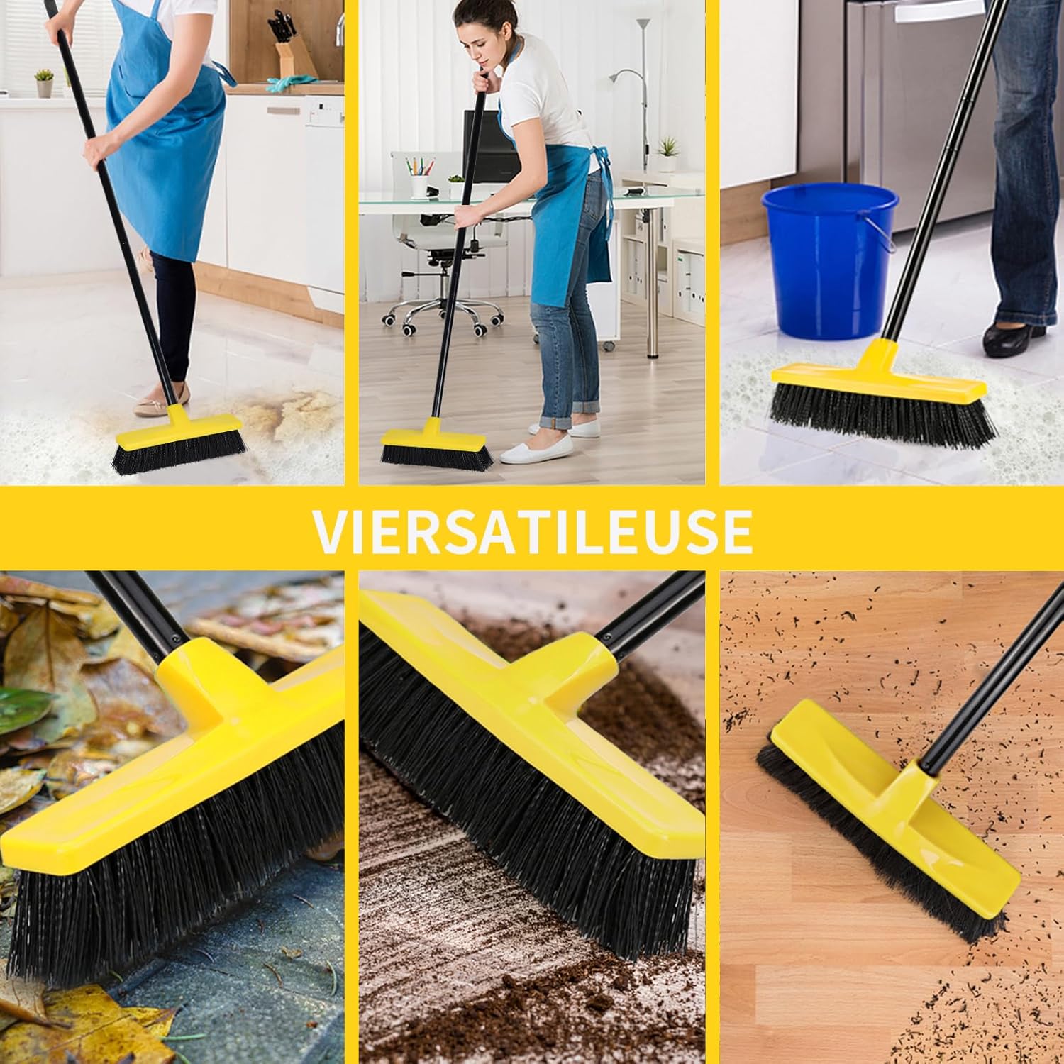Push Broom Outdoor Indoor Broom 12" Wide,50" Long Handle with Stiff Bristles for Cleaning Scrubbing Deck Driveway Yard Patio Wood Stone Tile Floor - Image 4