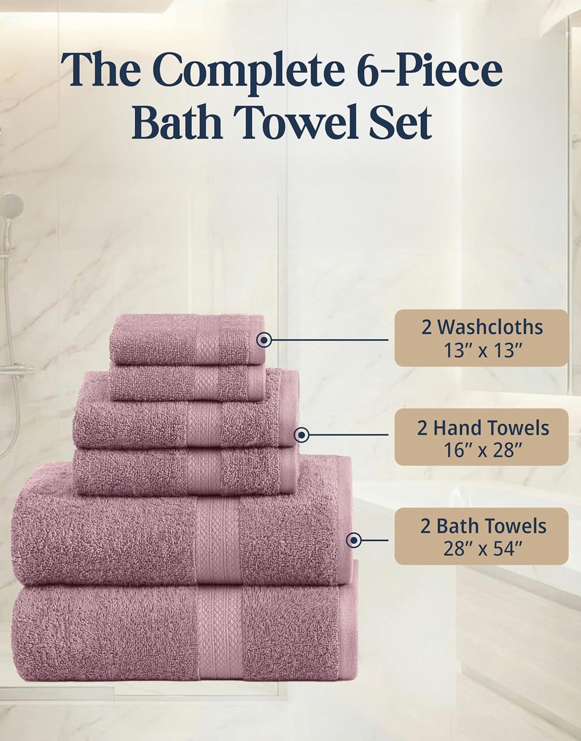 LANE LINEN 100% Cotton Turkish Towels for Bathroom - 6 Piece - Softer & Highly Absorbent - 2 Bath, 2 Wash cloths, 2 Hand Towels - Complete Family Set, Hotel Quality & Gentle on Skin - Wistful Mauve - Image 4