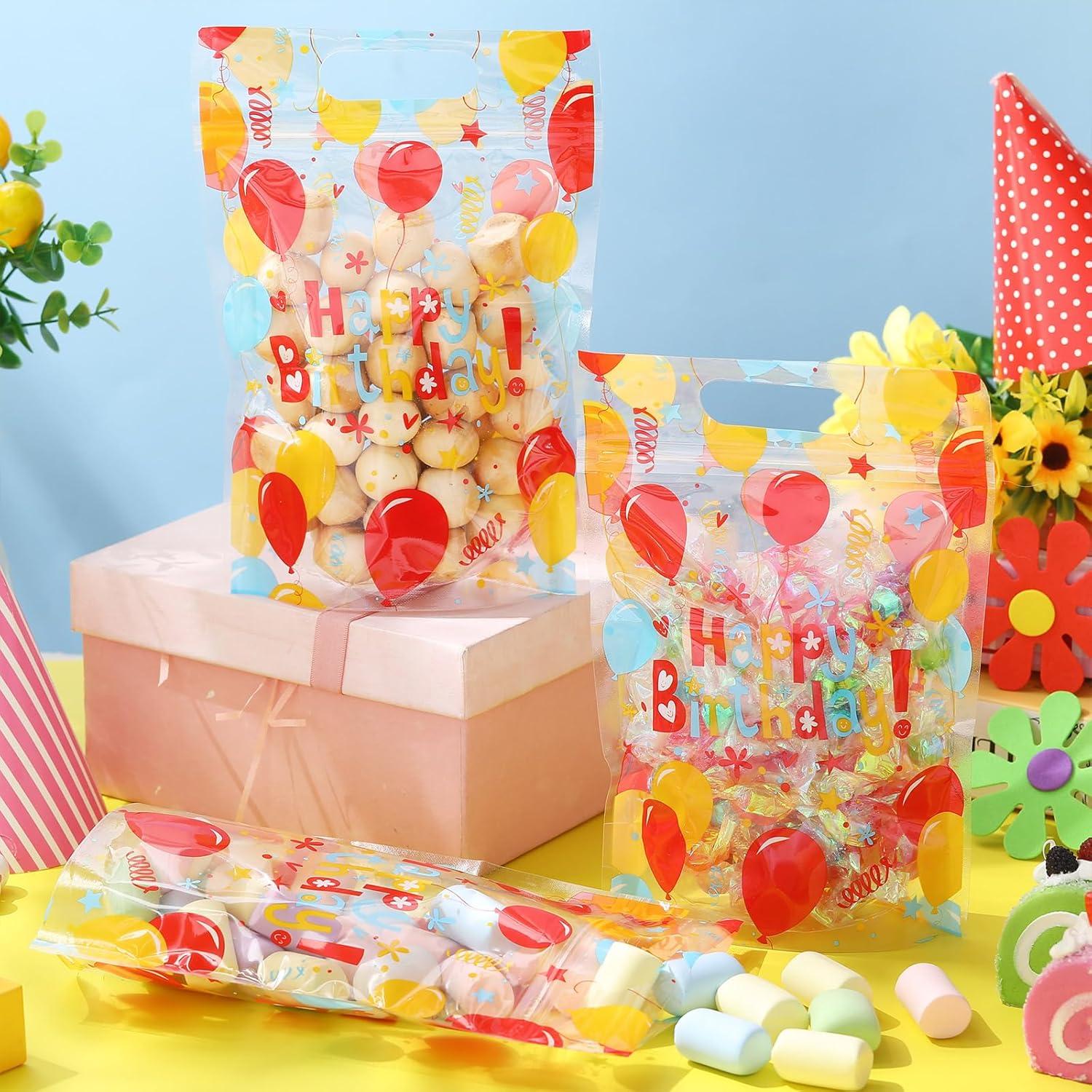 Teenyyou 60 Pcs Happy Birthday Sealing Gift Bags Plastic Colorful Balloon Pattern Zip Closure Bags with Handles for Candy Treat Goodie Cookie Wrapping Birthday Party Favors Supplies - Image 5