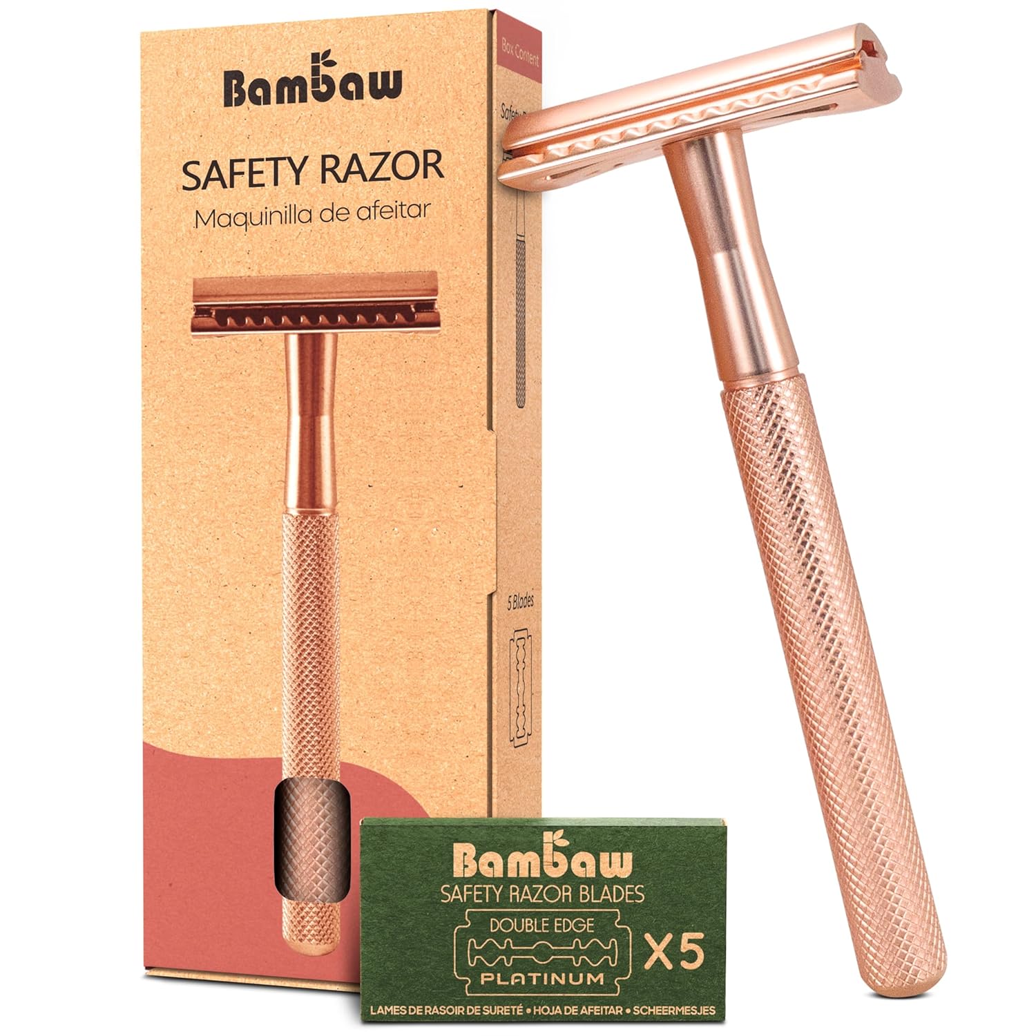 Bambaw Safety Razor for Women with 5 Double Edge Blades, Double Edge Razor, Single Blade Razors for Women and Men, Reusable & Plastic Free – Rose Gold - Image 2