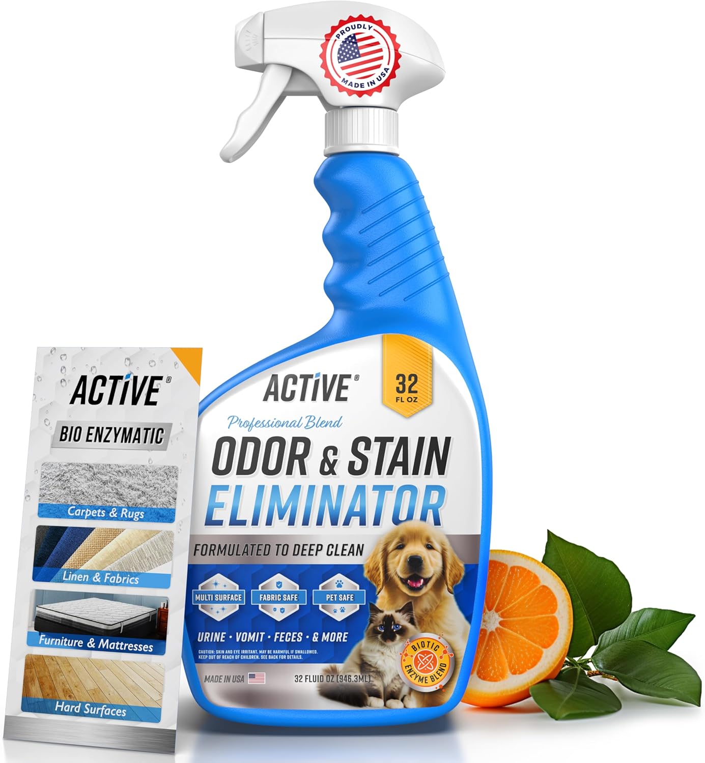 Pet Odor and Stain Eliminator - 32 oz ACTIVE Enzyme Cleaner for Dog & Cat Urine, Stain Remover Spray for Carpet, Upholstery, Hardwood, Spot Cleaning, Deodorizer for Dogs Cats Pets - Natural Citrus Oil - Image 2