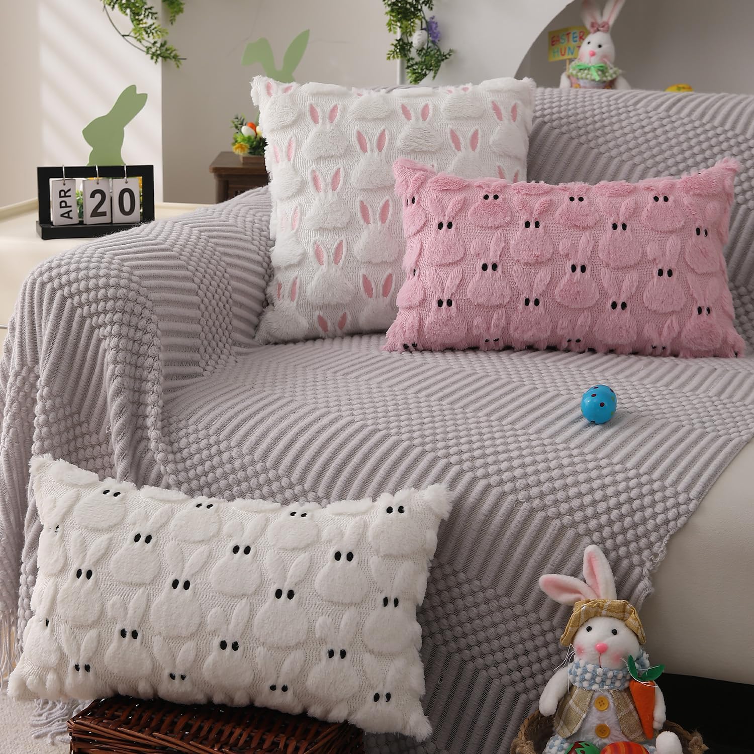 DFXSZ Easter Pillow Covers 18x18 inch Set of 2 Easter Decorations Pink Ears White Rabbit Soft Plush Faux Fur Jacquard Throw Pillows for Bedroom Sofa Holiday Festivals Home Decor FHJ-07D18 - Image 6