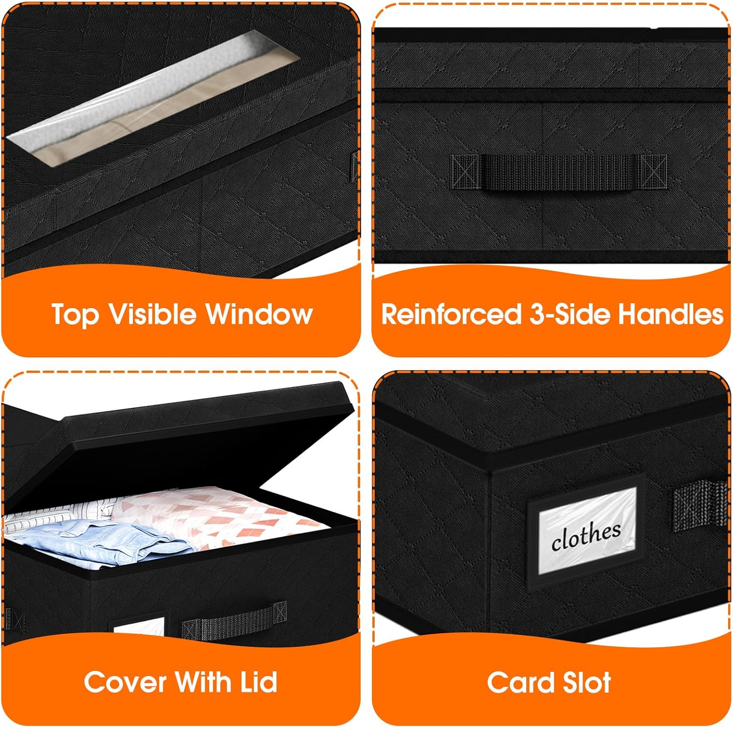 StoreHappily Under Bed Storage Containers with Lids - 2 Pack, Foldable and Stackable Clothes Storage Bags with Clear Window, 3-Sided Handles and Label Slot for Clothing, Blankets, Pillows (Black) - Image 6