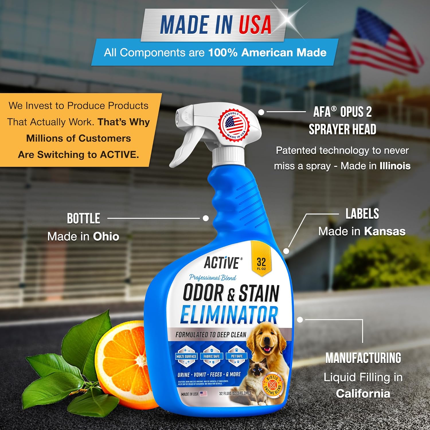 Pet Odor and Stain Eliminator - 32 oz ACTIVE Enzyme Cleaner for Dog & Cat Urine, Stain Remover Spray for Carpet, Upholstery, Hardwood, Spot Cleaning, Deodorizer for Dogs Cats Pets - Natural Citrus Oil - Image 7