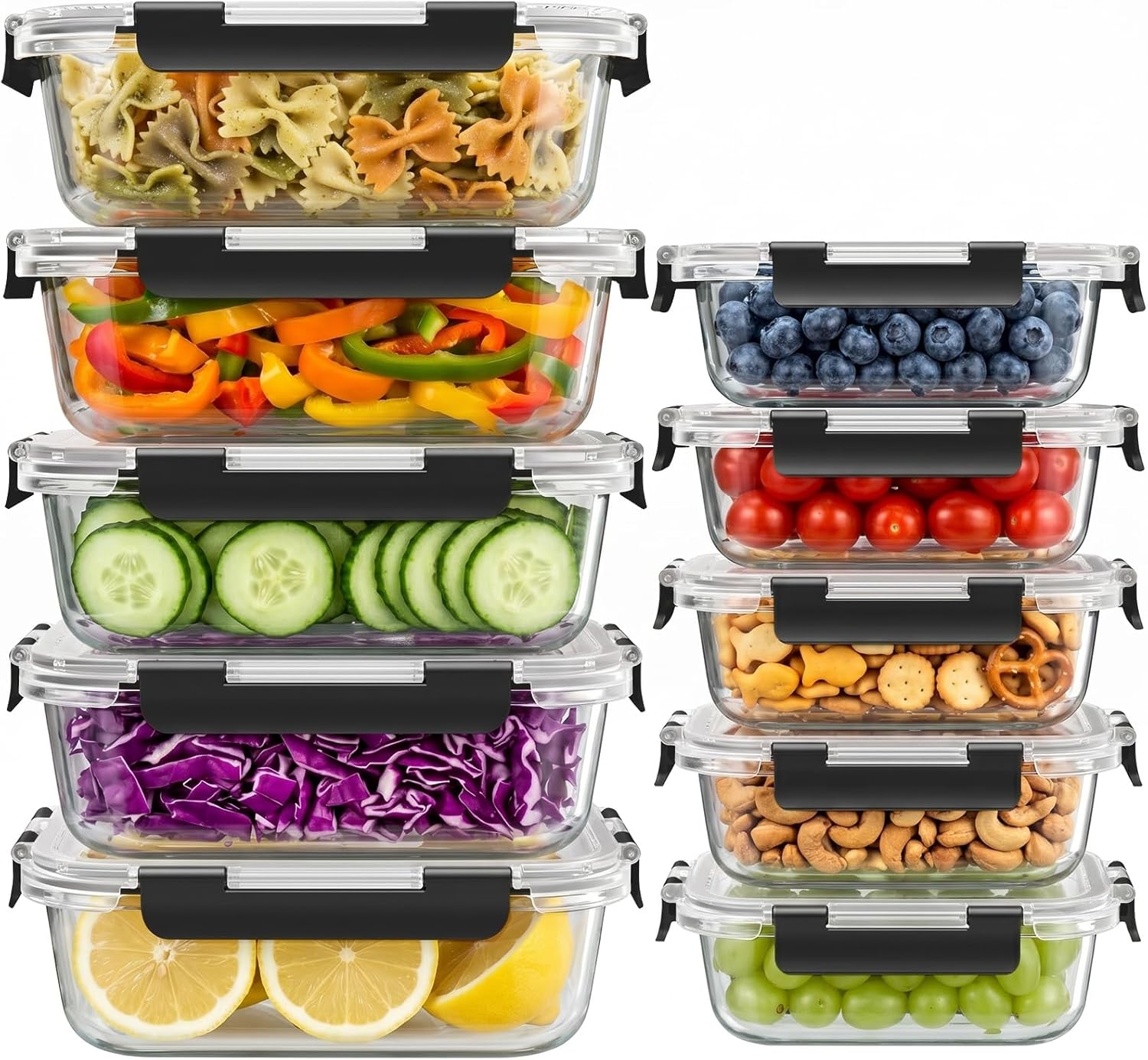 Dealusy 10 Sets (20-Piece) 4.5 Cup & 1.5 Cup Glass Food Storage Containers with lids, Airtight Leak-proof Glass Meal Prep Containers with Lids, Microwave Oven Freezer Dishwasher Safe, Black - Image 2