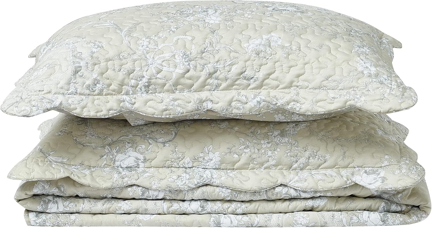 Brilliant Sunshine Classic Grey Floral Toile in Beige Background, 3-Piece Quilt Set with 2 Shams, Reversible Bedspread, Soft Lightweight Coverlet, All-Season, Full/Queen, Beige - Image 8