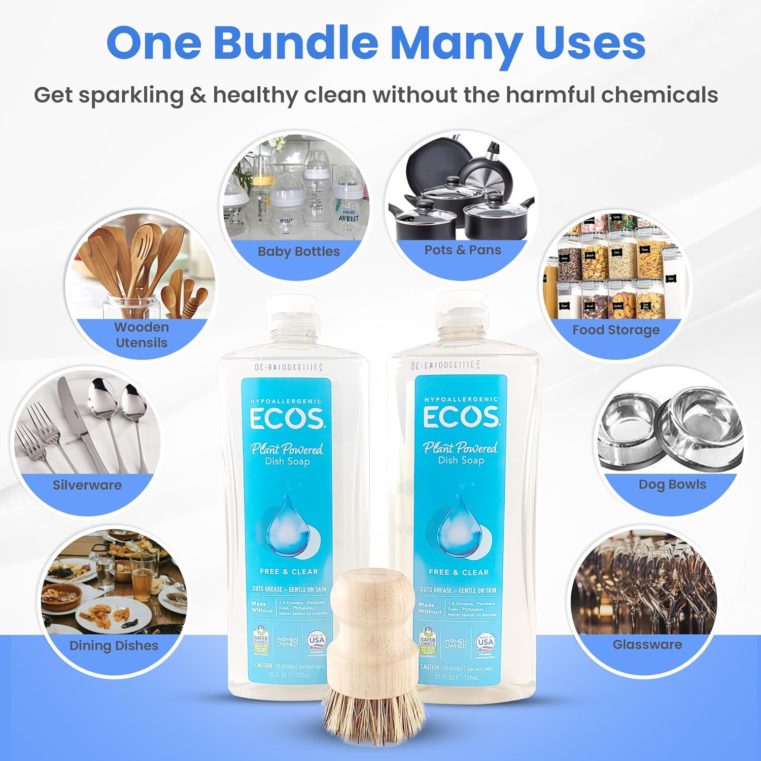 Unscented Dish Soap Liquid Hypoallergenic Cleaning Pack with 1 Natural Sisal Dish Scrub Brush & 2 Unscented Clear Liquid Dishwashing Soap With Biodegradable Formula (3 Items) - Image 6