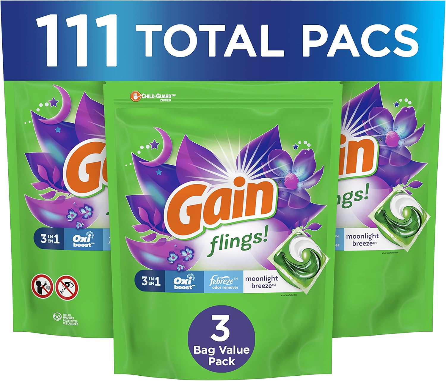 Gain Flings! 3-in-1 Laundry Detergent Soap Pods, Moonlight Breeze Scent, 3 Bag Value Pack, 111 Count, HE Compatible, 37 Count (Pack of 3) - Image 2