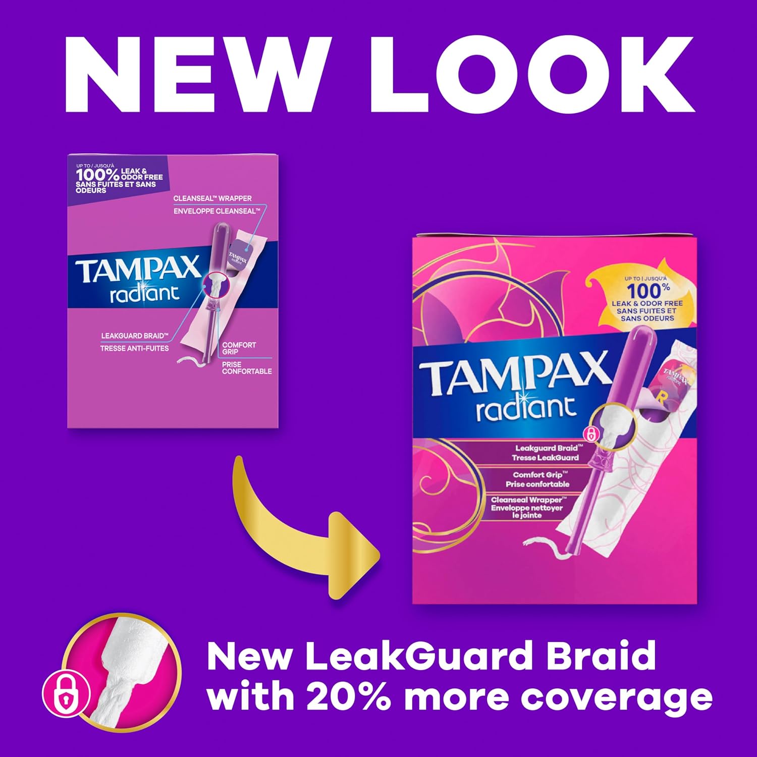 Tampax Radiant Tampons for Women Multipack, with LeakGuard Braid, Regular/Super Absorbency, Unscented, 84 Count (3 Packs of 28), Packaging May Vary - Image 3