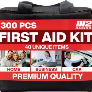 M2 BASICS 300 Piece First Aid Kit, 40 Unique Items, Emergency Medical Kit with Organized Carry Bag for Home, Car, Travel, Office, School, Sports, Camping & Road Trips