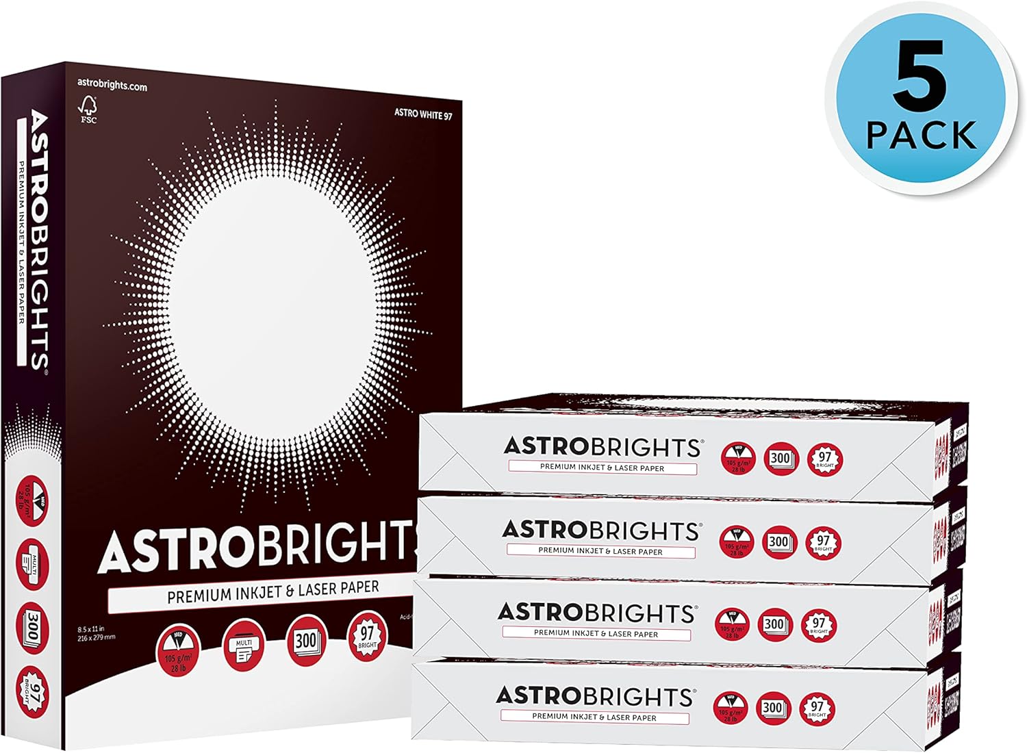 Astrobrights® Printer & Copy Paper, 8.5" x 11", 28lb/105gsm, 97 Brightness, White, 5 reams of 300 sheets per ream, 1,500 sheets per carton (91738-01) - Image 2