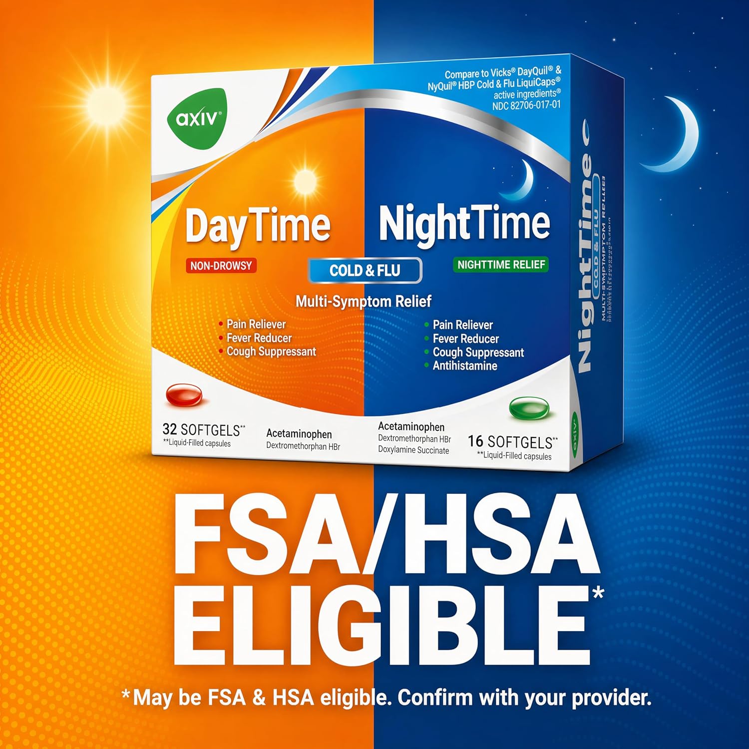 AXIV Day & Night Cold & Flu Medicine Combo Pack Softgels, Daytime & Nighttime Relief for Headache, Fever, Sore Throat, Minor Aches & Pains, & Cough, 48 Softgels - Image 7