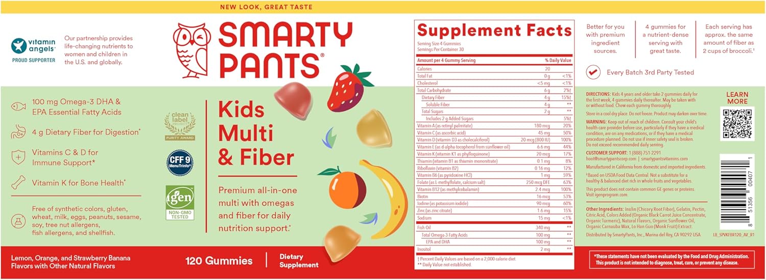 SmartyPants Kids Multivitamin Gummies and Fiber Supplement: Vitamin D3, C, Vitamin B12, B6, A, Zinc, Biotin, Inositol, Fiber Gummies, Three Fruit Flavors, 120 Count (30 Day Supply) - Image 14