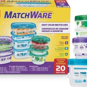 Glad GladWare MatchWare Food Storage Containers with Lids, BPA Free Reusable Plastic 20 Piece Variety Pack for Lunches, Meal Prep, and Leftovers, Leak Resistant, Microwave and Dishwasher Safe