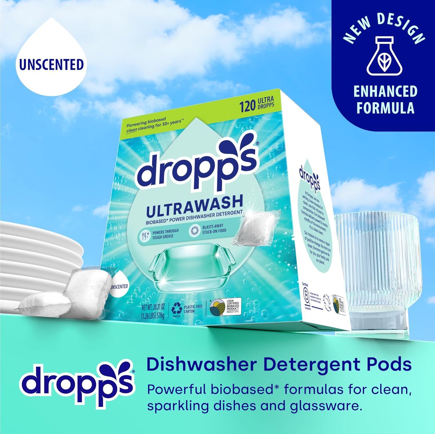 Dropps UltraWash Dishwasher Detergent Pods, Unscented (120 Ct) - Free & Clear | Cuts Grease & Stuck-On Food | Sparkling Dishes & Glasses | Residue-Free | Clean Ingredients | Plastic Free Packaging - Image 3