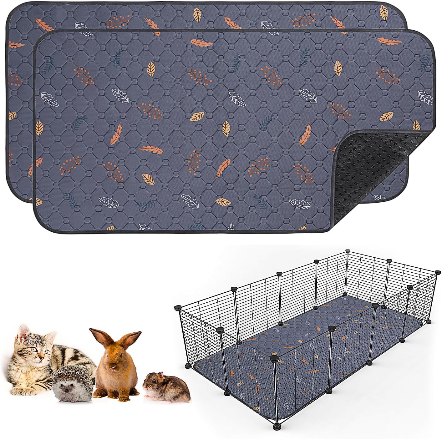Sunheir 2 Pack Washable Guinea Pig Pee Pads, 24" x 48" Waterproof Reusable Guinea Pig Cage Liners, Absorbent Bedding Training Mat for Small Animal Guinea Pigs Rabbit Bunny Hamster (Leaves - Deep Grey) - Image 2