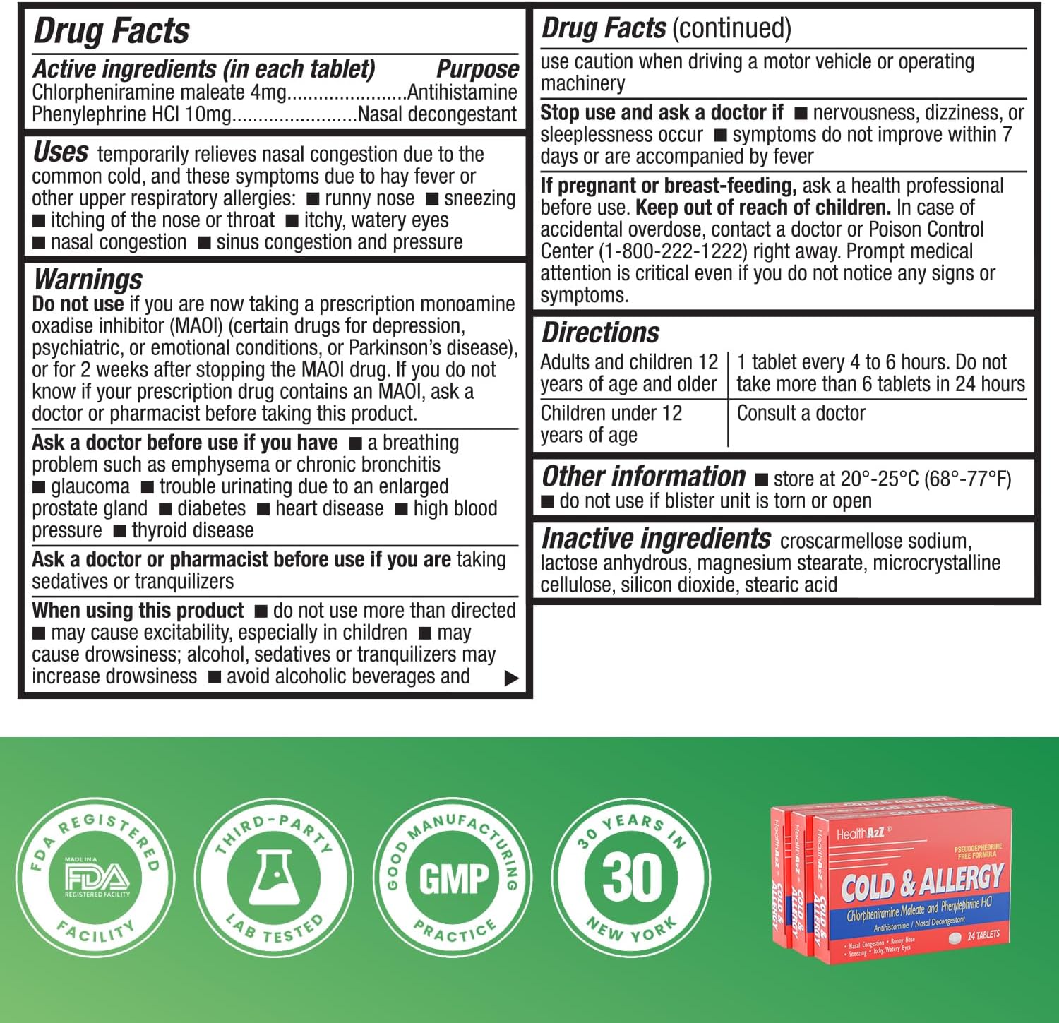 HealthA2Z Cold & Allergy Relief, Chlorpheniramine Maleate & Phenylephrine HCL, Dye Free, 24 Tablets x 3pack (72 Tablets) - Image 5