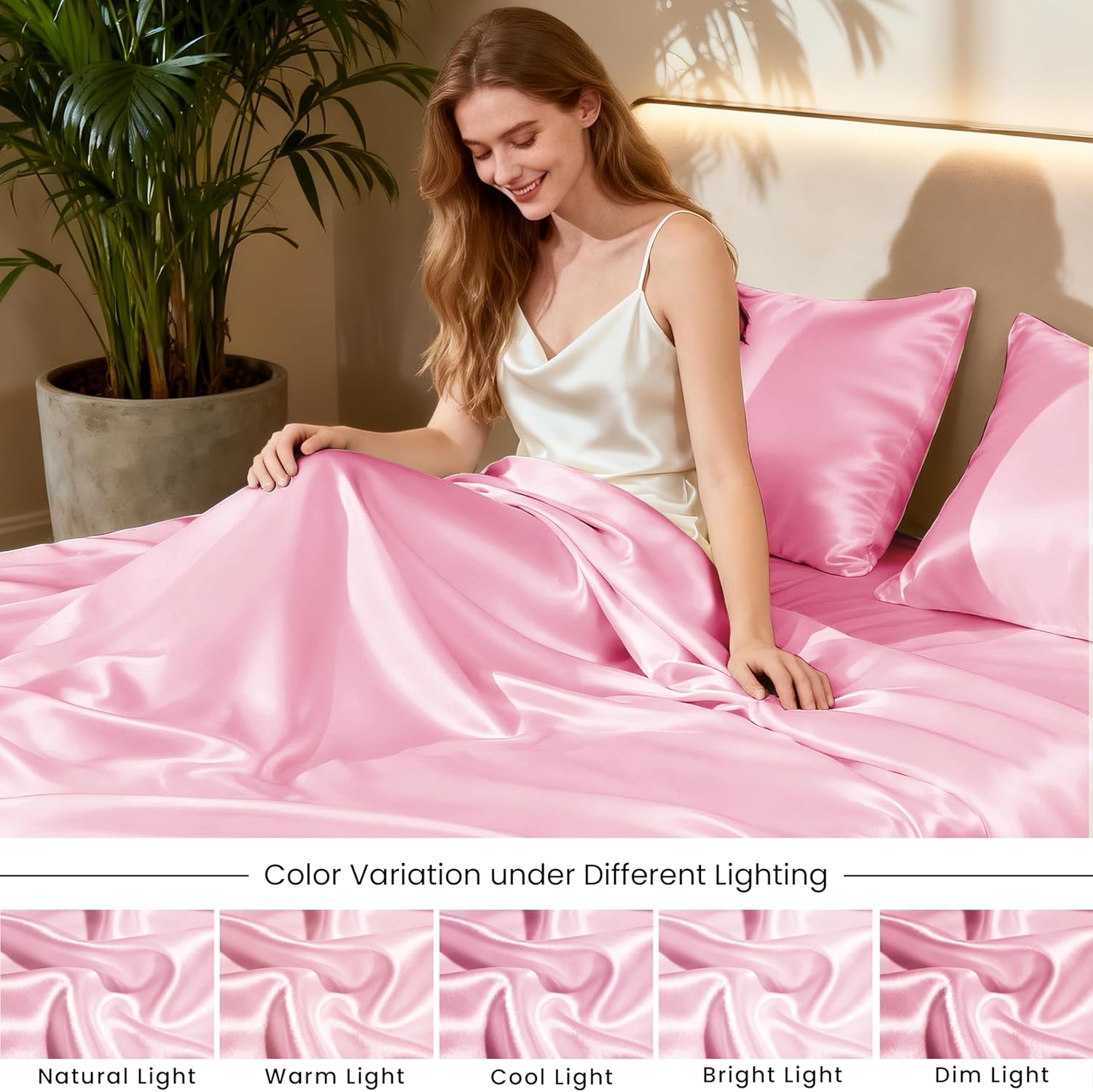 Love's cabin Satin Queen Sheets Set - 4 Piece Pink Silky Bed Sheets Set with Deep Pocket, Luxury Silk Feel Satin Queen Size Sheet Set (1 Flat Sheet, 1 Fitted Sheet, 2 Pillow Cases) - Image 7