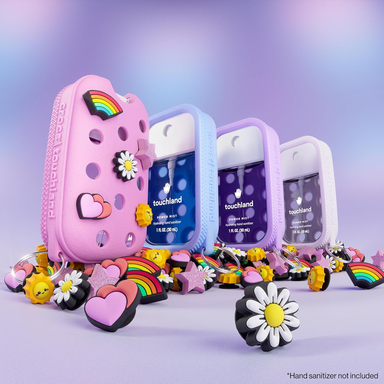Touchland x Crocs Special Edition Mist Case 1 Fl. OZ., Stylish Hand Sanitizer Spray Accessory, with 5 JibbitzTM Charms and Keyring, Sugarpop Pink Color - Image 5