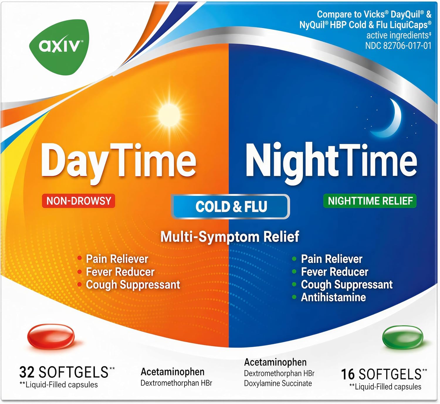 AXIV Day & Night Cold & Flu Medicine Combo Pack Softgels, Daytime & Nighttime Relief for Headache, Fever, Sore Throat, Minor Aches & Pains, & Cough, 48 Softgels - Image 2