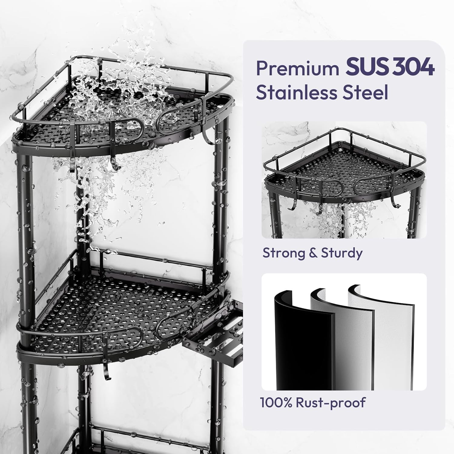 SWTYMIKI Corner Shower Caddy Standing - 3 Tier Rustproof Metal Shower Organizer Stand with Soap Holder and 4 Hooks, Freestanding Floor Shower Storage Stands for Bathroom, Black - Image 7