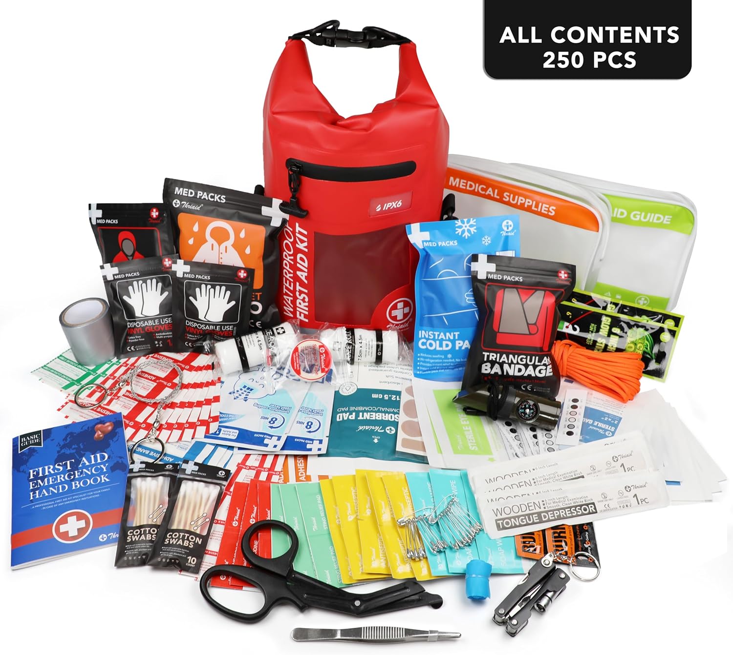 250 PCS Waterproof First Aid Kit, Roll Top Reflective Boat Dry Bag Bug Out Bags, Emergency Medical Kit Ideal for Boating, Camping, Fishing, Kayaking, Floating, Red - Image 6