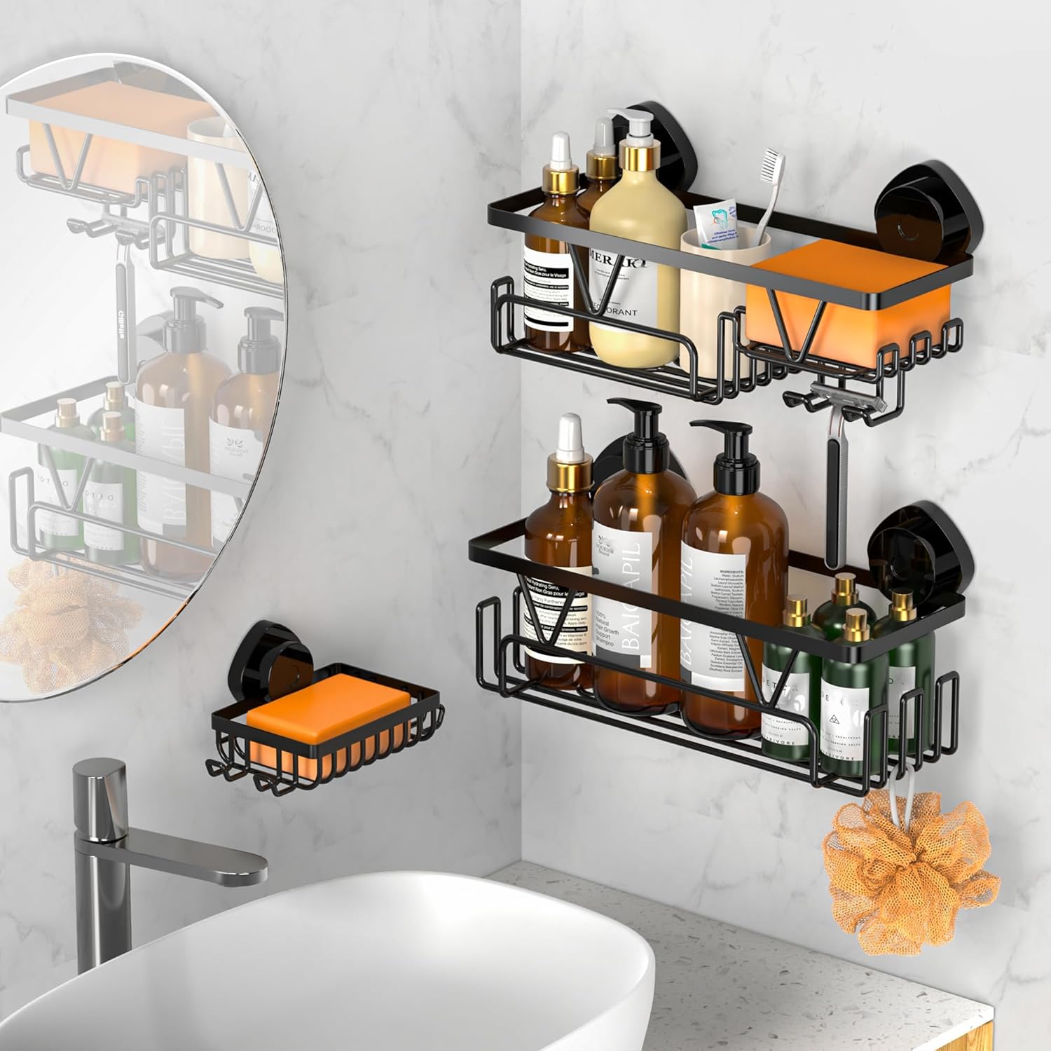 KEGII Shower Caddy Suction Cup – Removable Suction Bathroom Organizers Shelf with Soap Holder, Razor Holder & Hooks, Rustproof Shower Storage for Renters, No Drilling Black Bathroom Storage Basket - Image 7