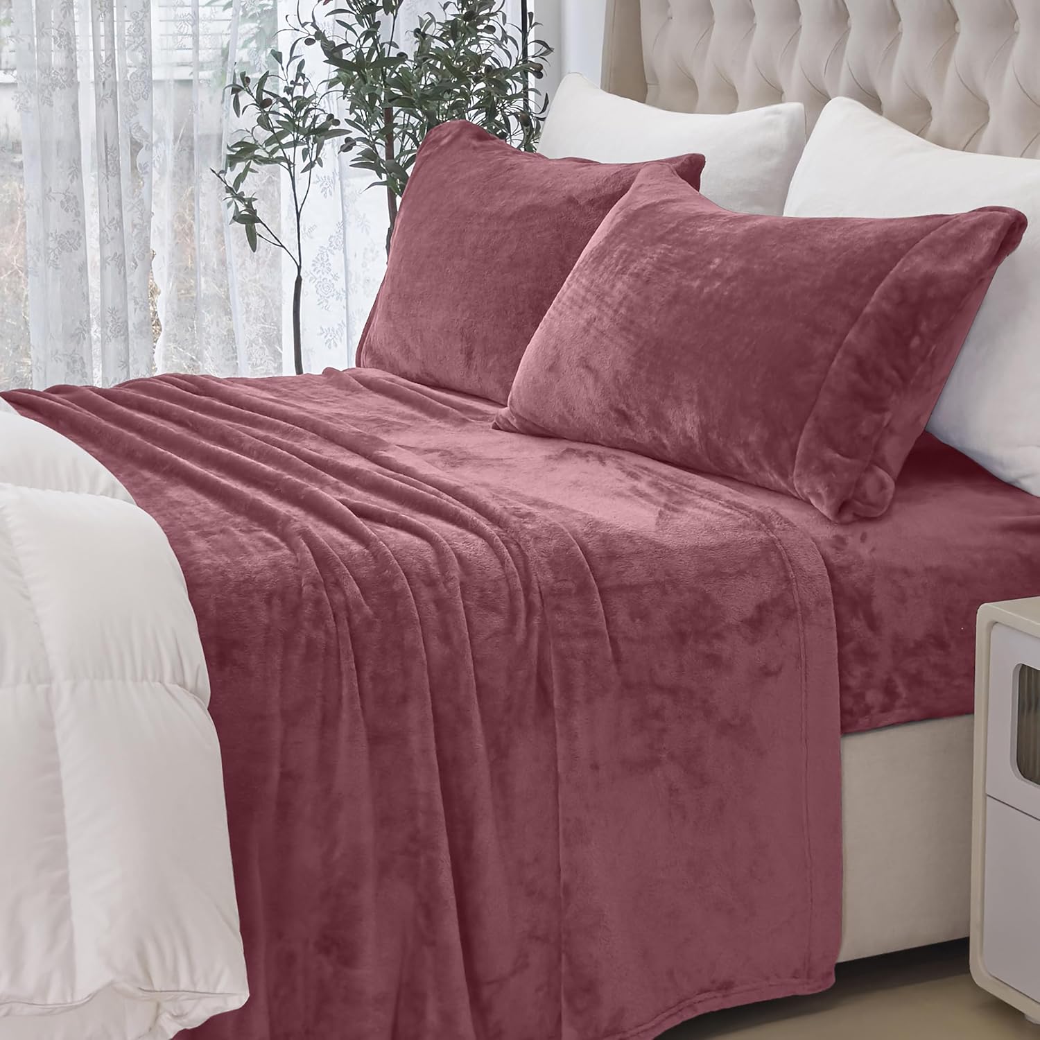 Elegant Comfort Luxuriously Soft 4-Piece Velvet Plush Flannel Sheet Set - Premium Quality - Cozy Warm, Anti-Static, Non Pilling Fuzzy Velvet Flannel Fleece Deep Pocket Sheet Set - Queen, Rose - Image 8
