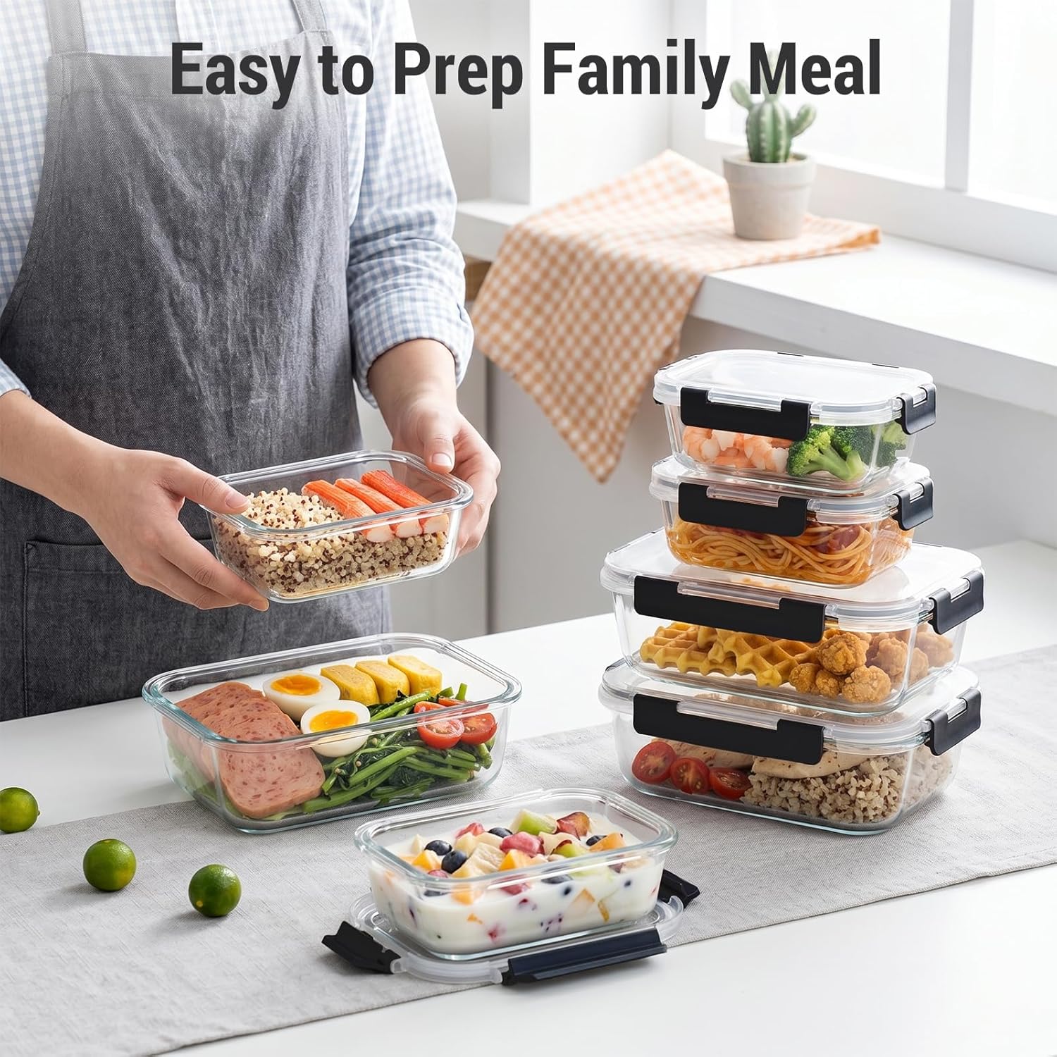 Dealusy 10 Sets (20-Piece) 4.5 Cup & 1.5 Cup Glass Food Storage Containers with lids, Airtight Leak-proof Glass Meal Prep Containers with Lids, Microwave Oven Freezer Dishwasher Safe, Black - Image 7