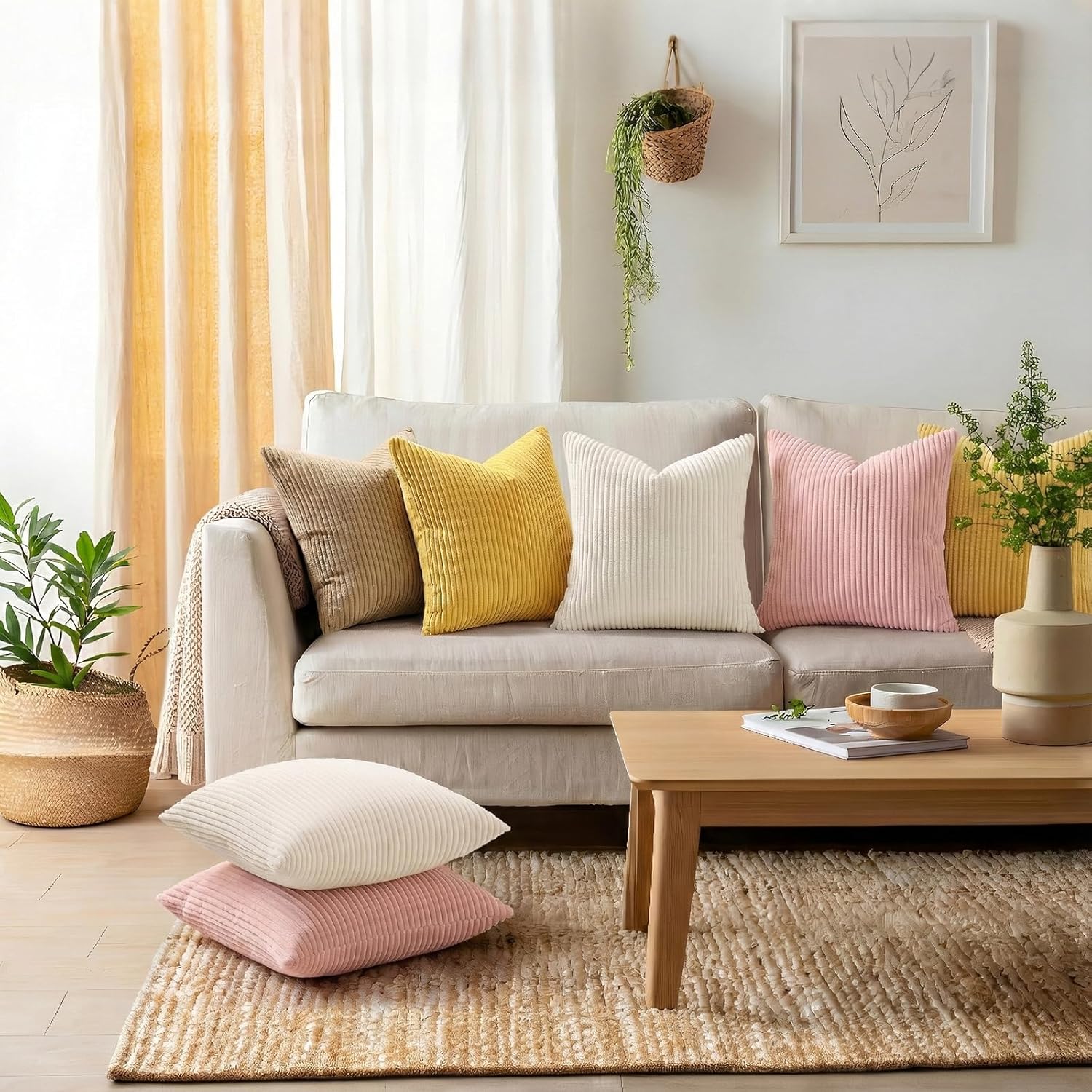 Mecatny Corduroy Summer Decorative Throw Pillow Covers 18x18 Set of 2 for Sofa Living Room, Soft Neutral Boho Couch Pillow Covers for Home Decor, Cream White - Image 3