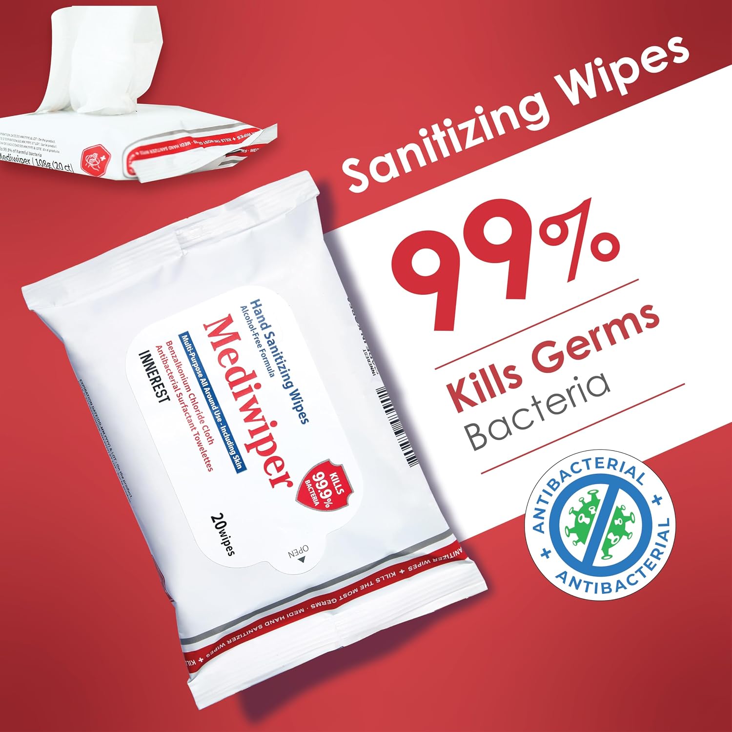 Mediwiper 20 Count Alcohol-Free Sanitizing Wipes Disinfecting Large Unscented Wet Wipes Bulk, Hand Sanitizer (20 Wipes, 100 Wipes (20 * 5)) - Image 2