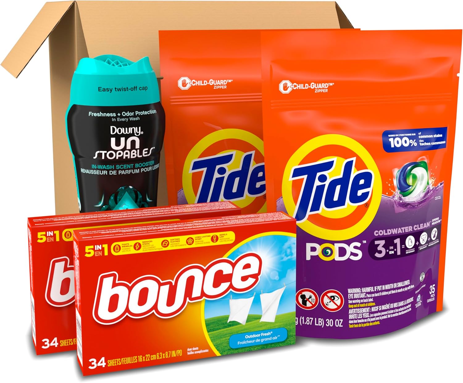 Tide Pods Liquid Laundry Detergent Pacs, Downy Unstopable Scent Beads and Bounce Dryer Sheets, Better Together Bundle - Image 6